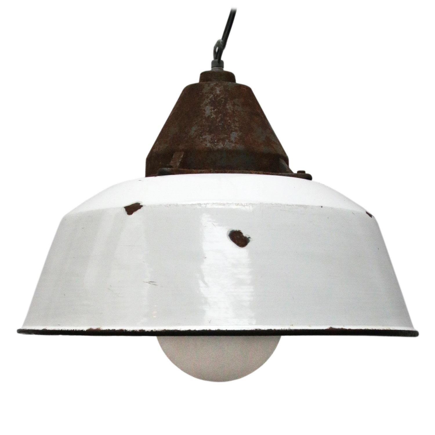 White Enamel Vintage Industrial Cast Iron Frosted Glass Pendant Lights (2x) In Fair Condition In Amsterdam, NL