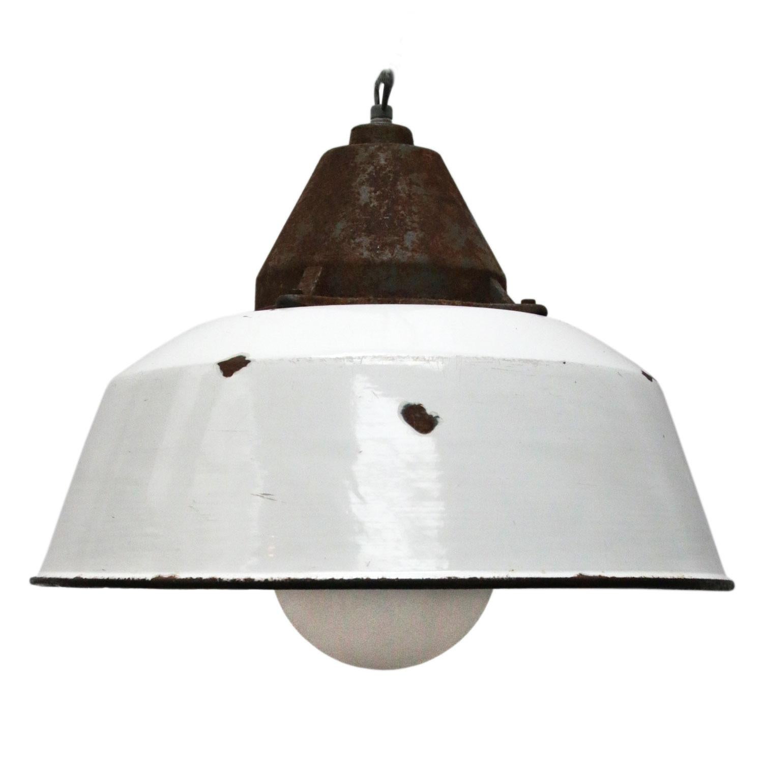 White Enamel Vintage Industrial Cast Iron Frosted Glass Pendant Lights (2x)