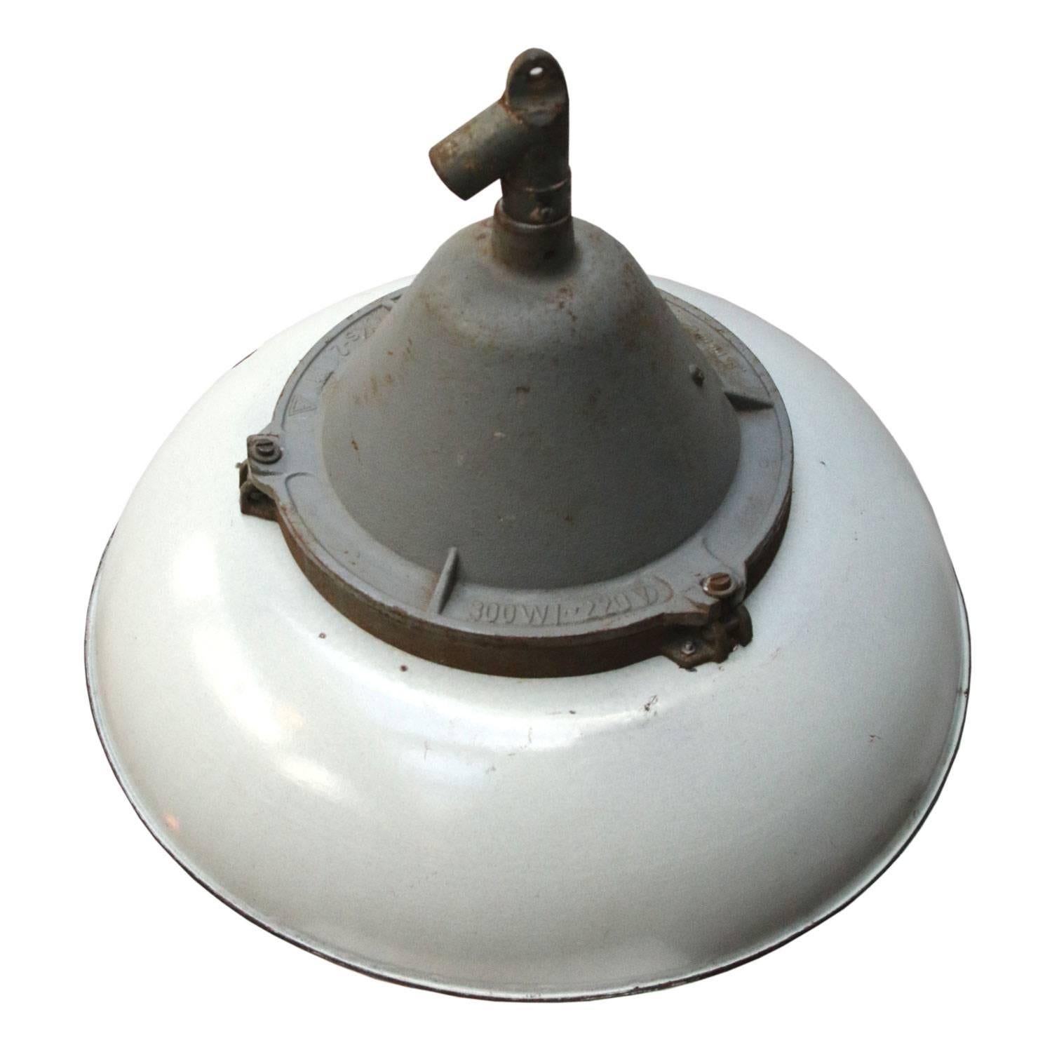 Polish White Enamel Vintage Industrial Cast Iron Holophane Glass Pendant lamp