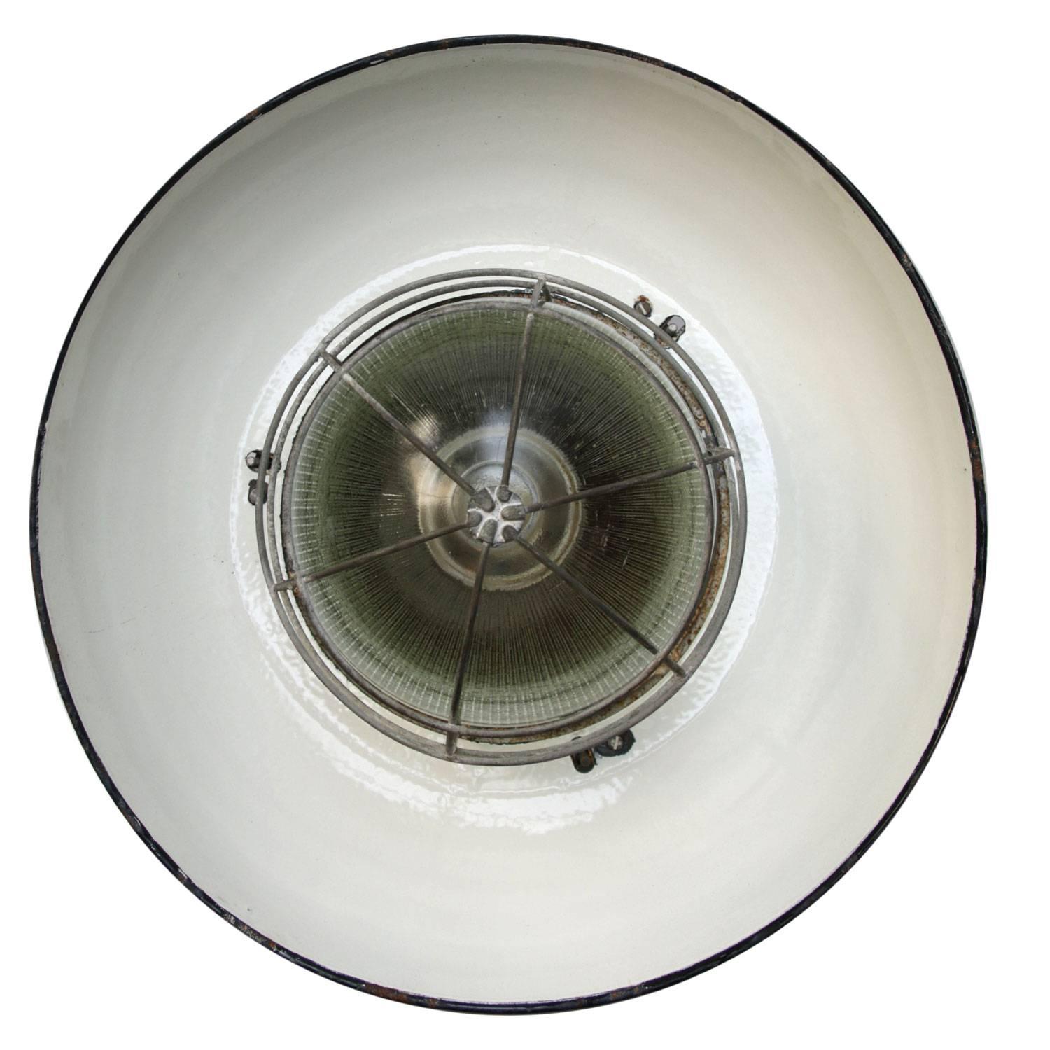 20th Century White Enamel Vintage Industrial Cast Iron Holophane Glass Pendant lamp