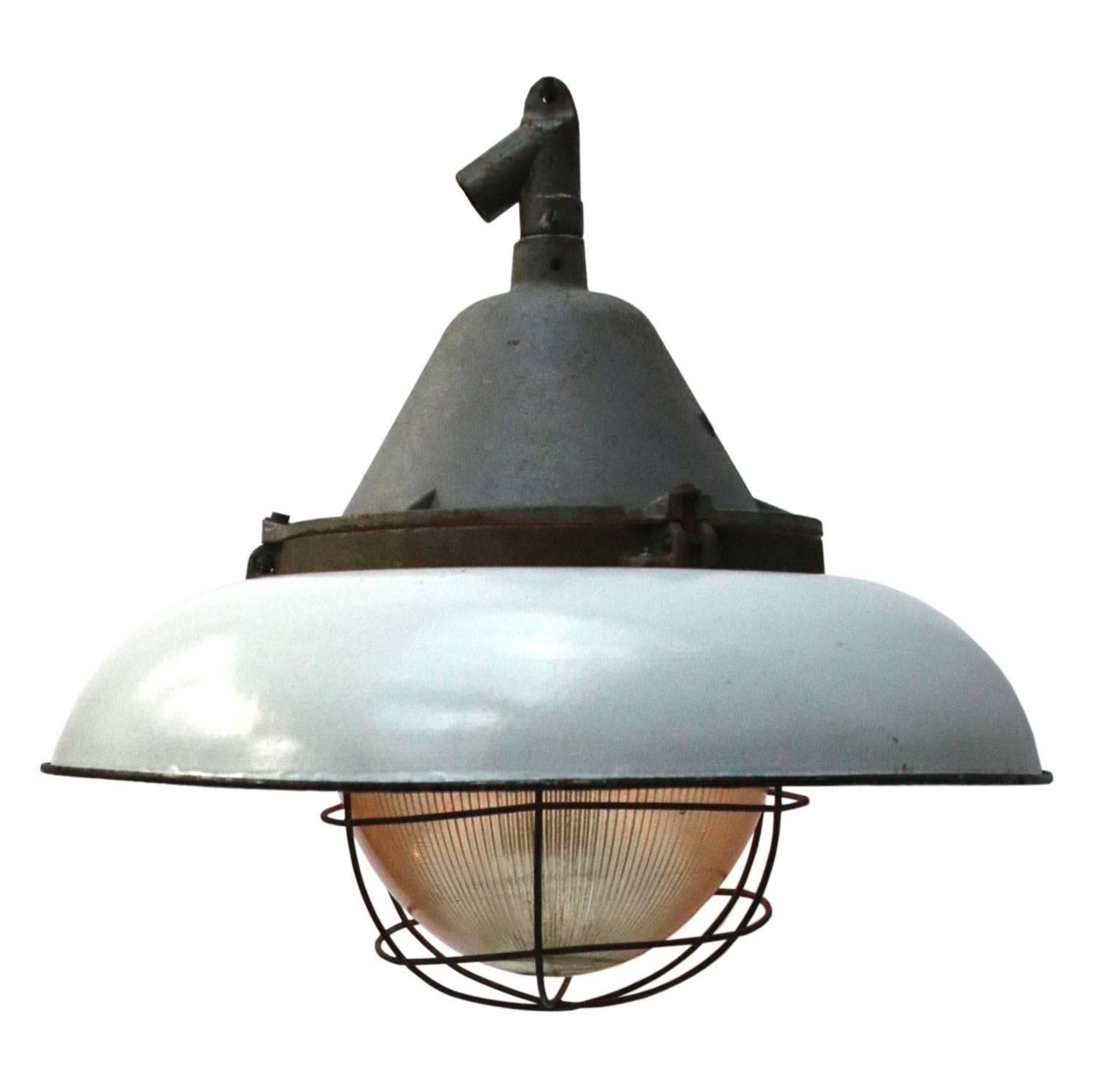 White Enamel Vintage Industrial Cast Iron Holophane Glass Pendant lamp