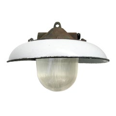 Weiße Emaille Vintage Industrial Cast Iron Holophane Glas Lights Pendelleuchten