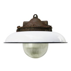Weiße Emaille Vintage Industrial Cast Iron Holophane Glas Lights Pendelleuchten