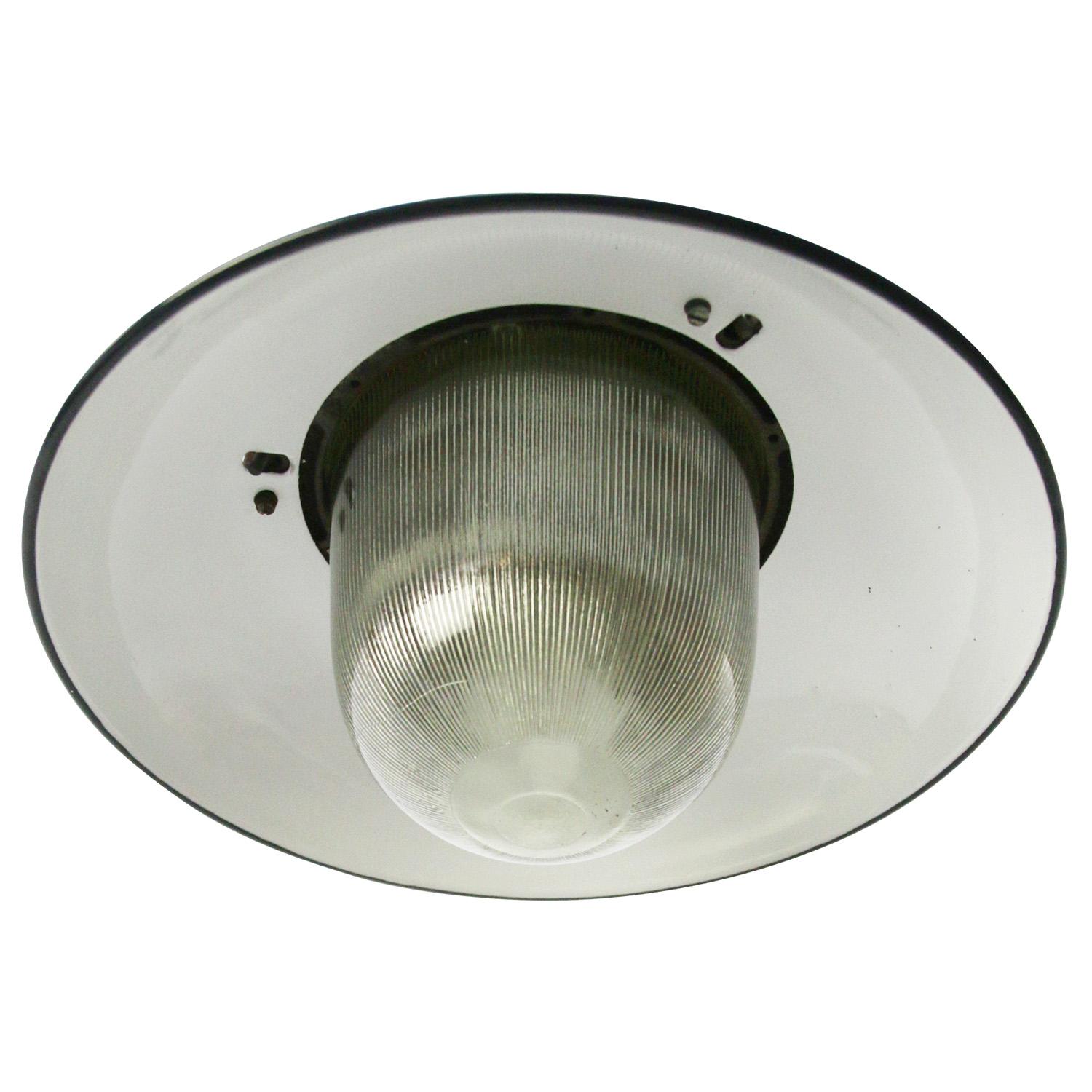 20th Century White Enamel Vintage Industrial Cast Iron Holophane Glass Pendant Lights For Sale