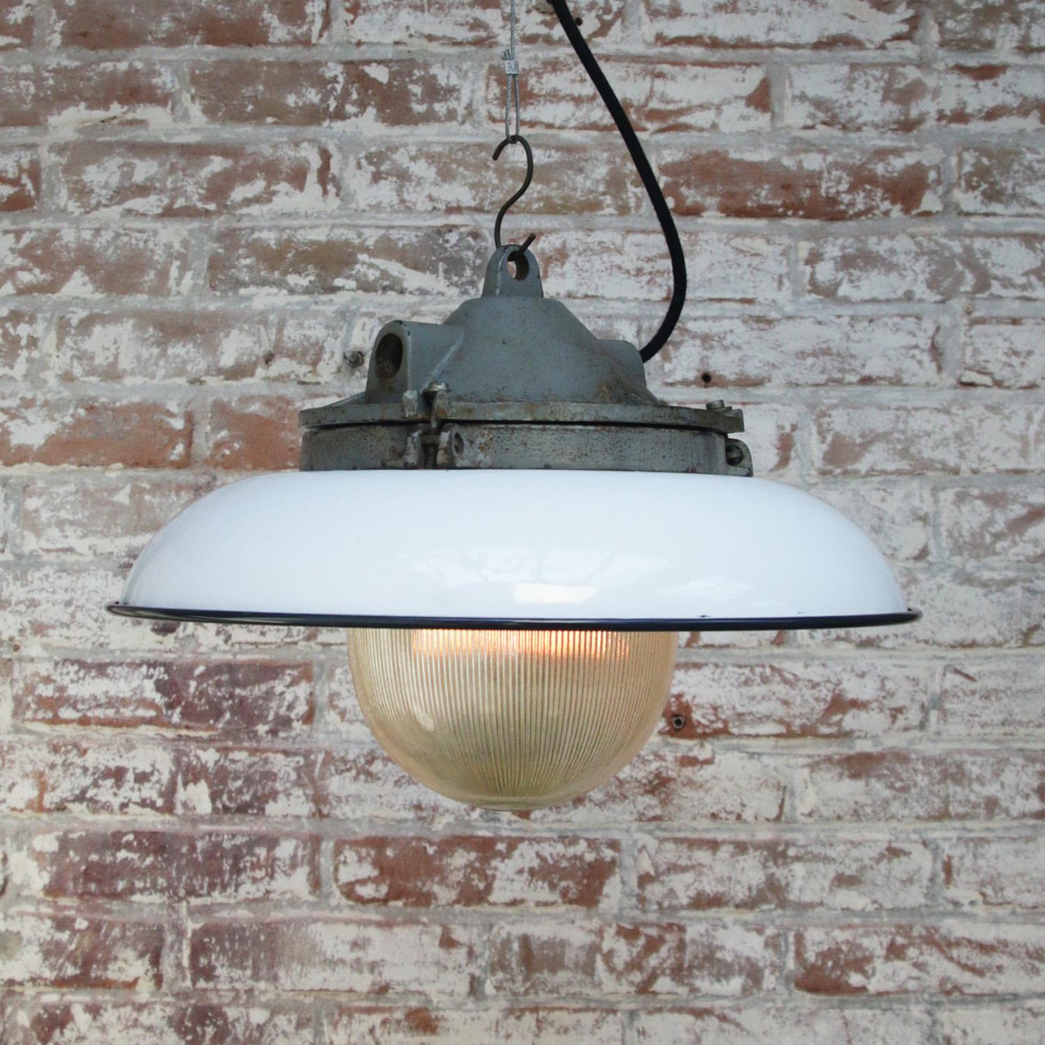 20th Century White Enamel Vintage Industrial Cast Iron Holophane Glass Pendant Lights For Sale