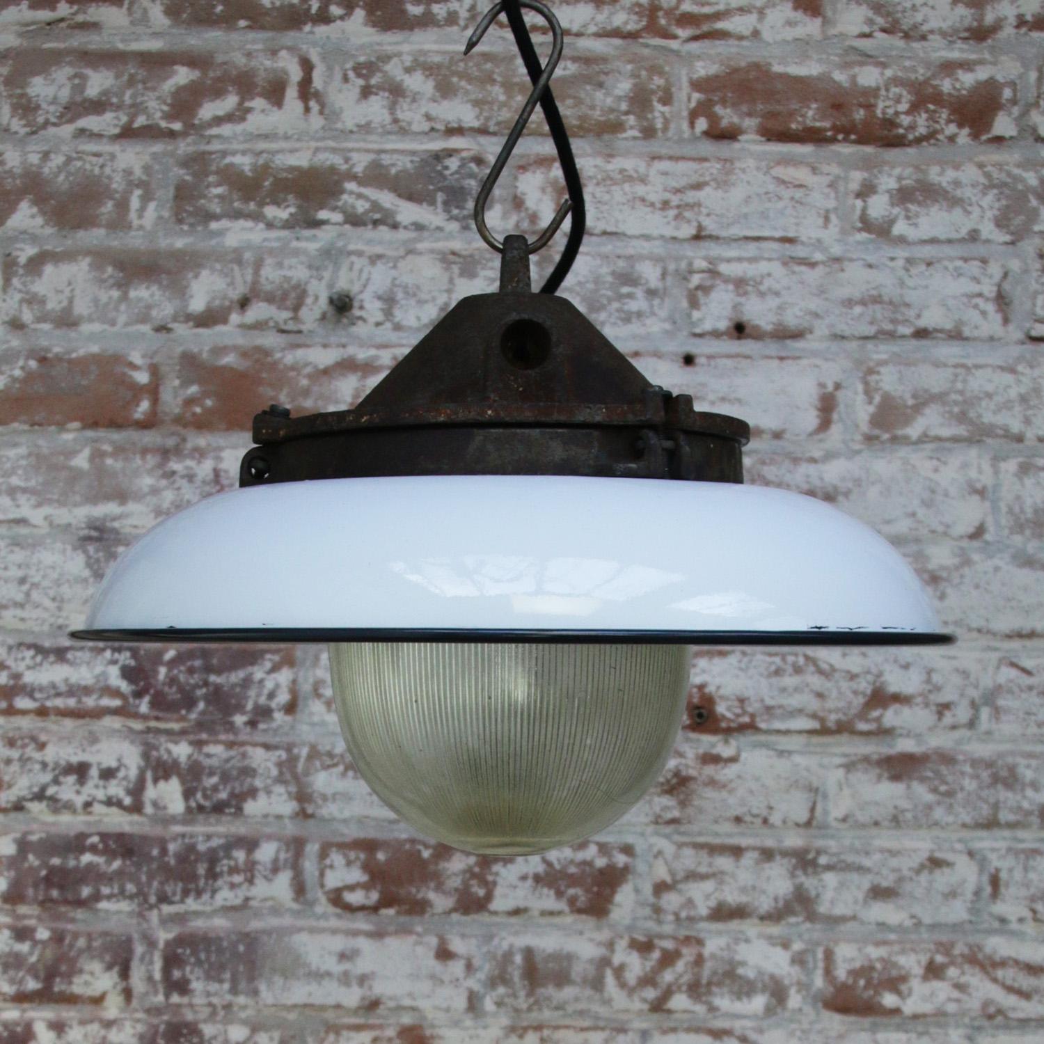 White Enamel Vintage Industrial Cast Iron Holophane Glass Pendant Lights For Sale 2
