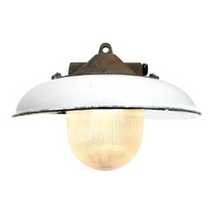 White Enamel Vintage Industrial Cast Iron Holophane Glass Pendant Lights