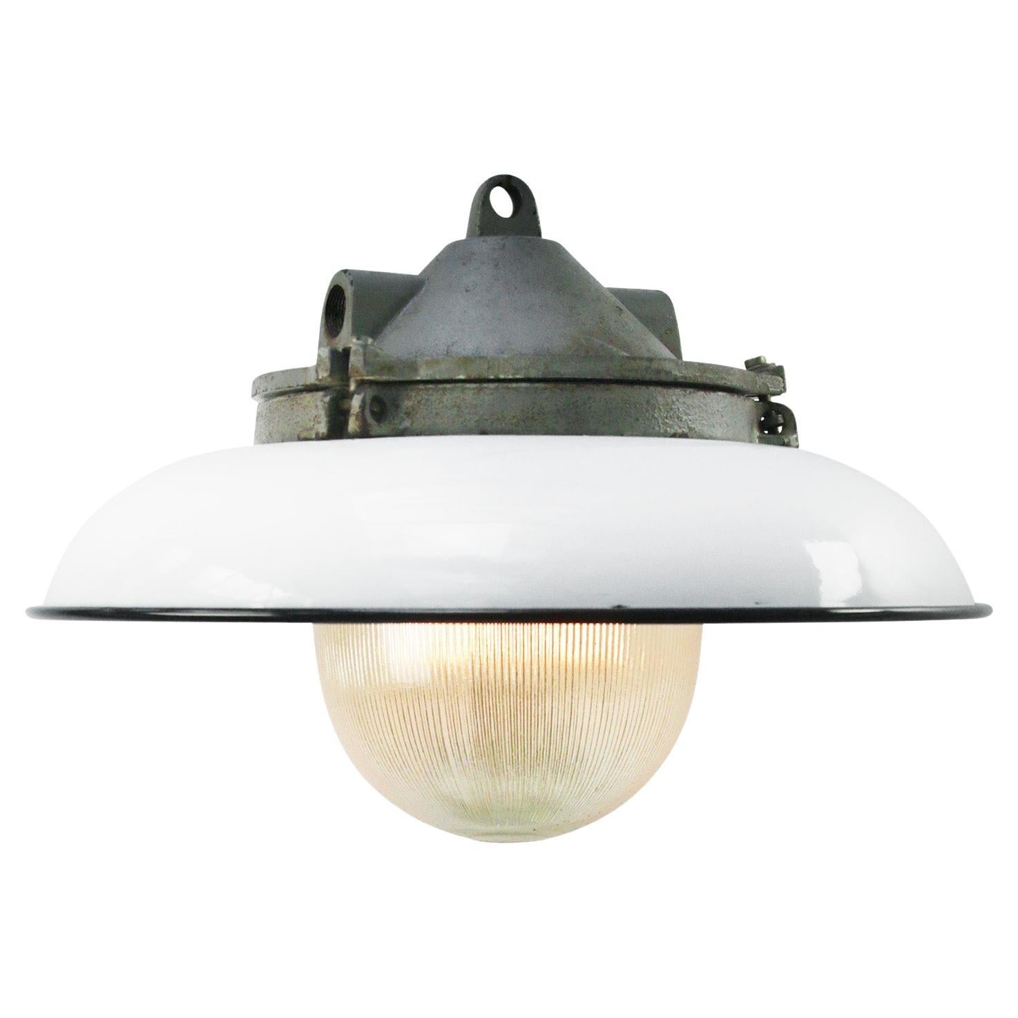 White Enamel Vintage Industrial Cast Iron Holophane Glass Pendant Lights