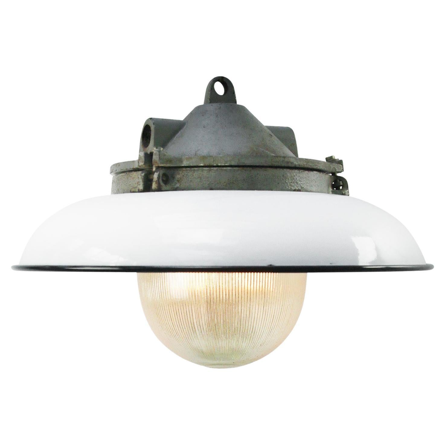 White Enamel Vintage Industrial Cast Iron Holophane Glass Pendant Lights For Sale