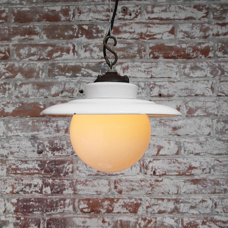 White Enamel Vintage Industrial Cast Iron Porcelain Opaline Glass Pendant Light In Excellent Condition In Amsterdam, NL