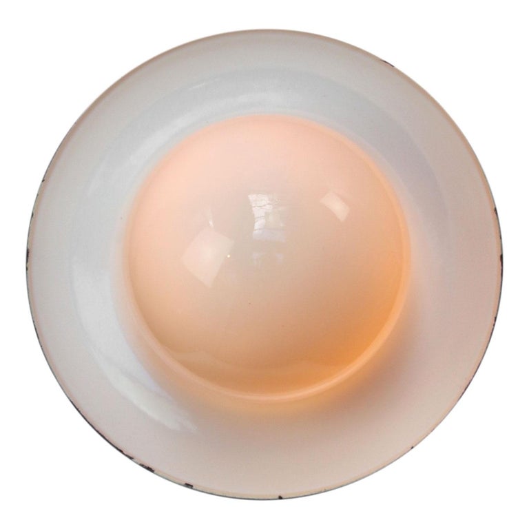 20th Century White Enamel Vintage Industrial Cast Iron Porcelain Opaline Glass Pendant Light