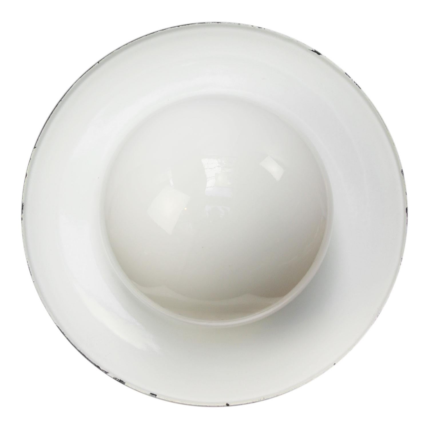 Hungarian White Enamel Vintage Industrial Cast Iron Porcelain Opaline Glass Pendant Light