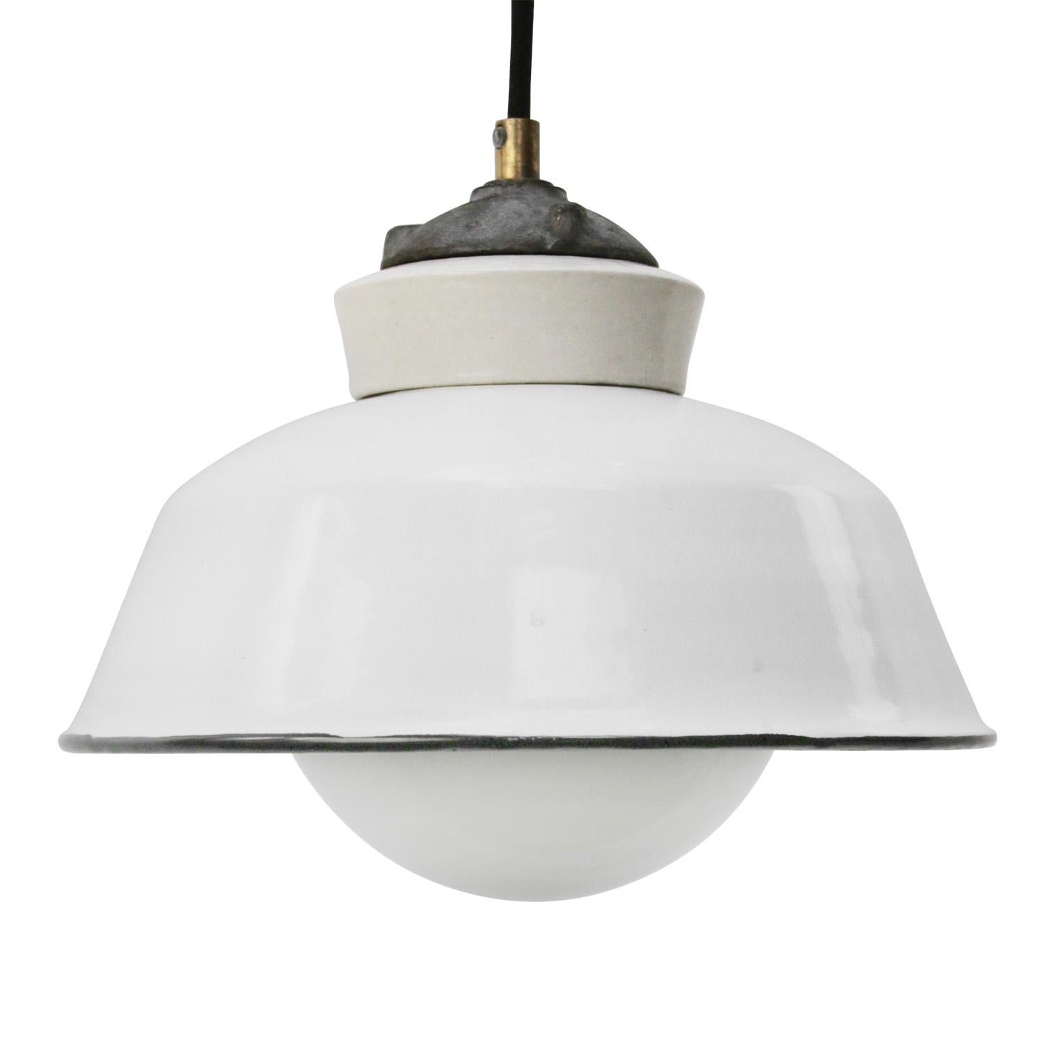 White Enamel Vintage Industrial Cast Iron Porcelain Opaline Glass Pendant Lights