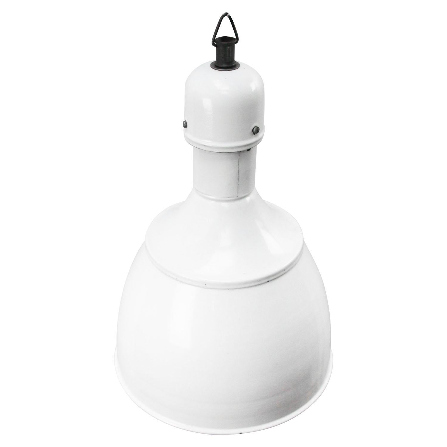 White enamel vintage industrial pendants hanging lights NOS
European industrial classic. Rare model. Used in warehouses and factories in East Europe. New old stock. 

Weight 2.3 kg or 5.1 lb.

Priced per individual item. All lamps have been