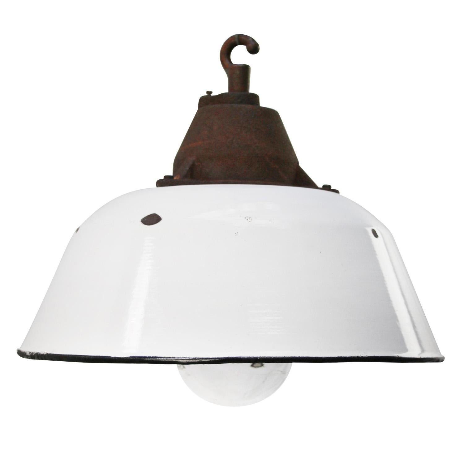 20th Century White Enamel Vintage Industrial Clear Glass Cast Iron Pendant Lights For Sale