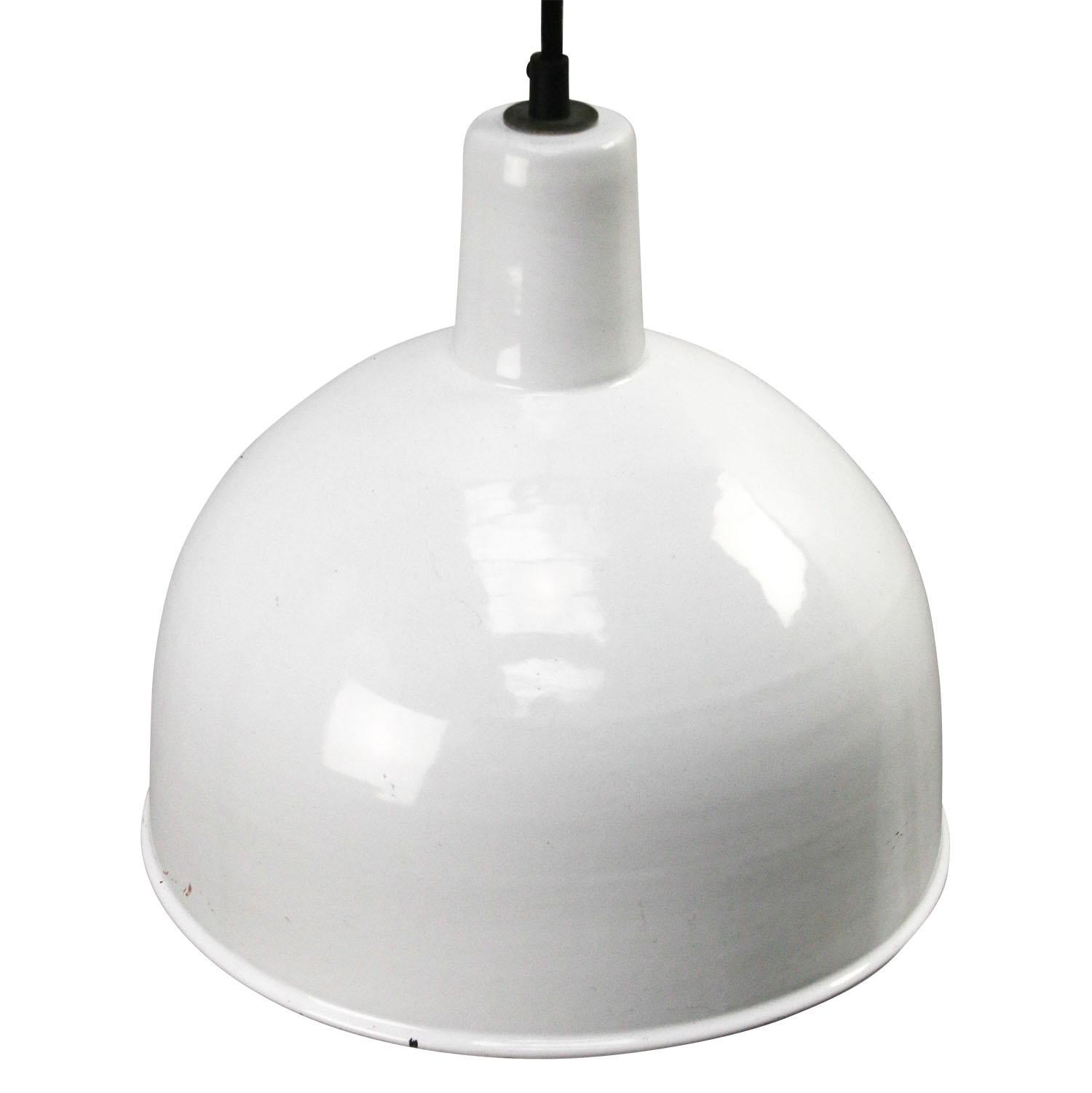 Factory hanging light. White enamel. White interior.

Weight: 1.4 kg / 3.1 lb

Priced per individual item. All lamps have been made suitable by international standards for incandescent light bulbs, energy-efficient and LED bulbs. E26/E27 bulb