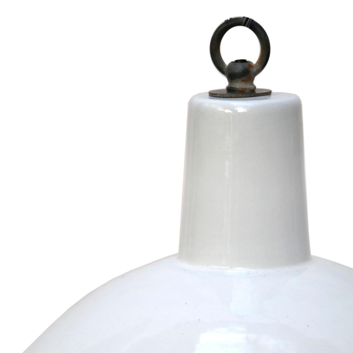 Factory hanging light. White enamel. White interior.

Weight: 1.4 kg / 3.1 lb

Priced per individual item. All lamps have been made suitable by international standards for incandescent light bulbs, energy-efficient and LED bulbs. E26/E27 bulb