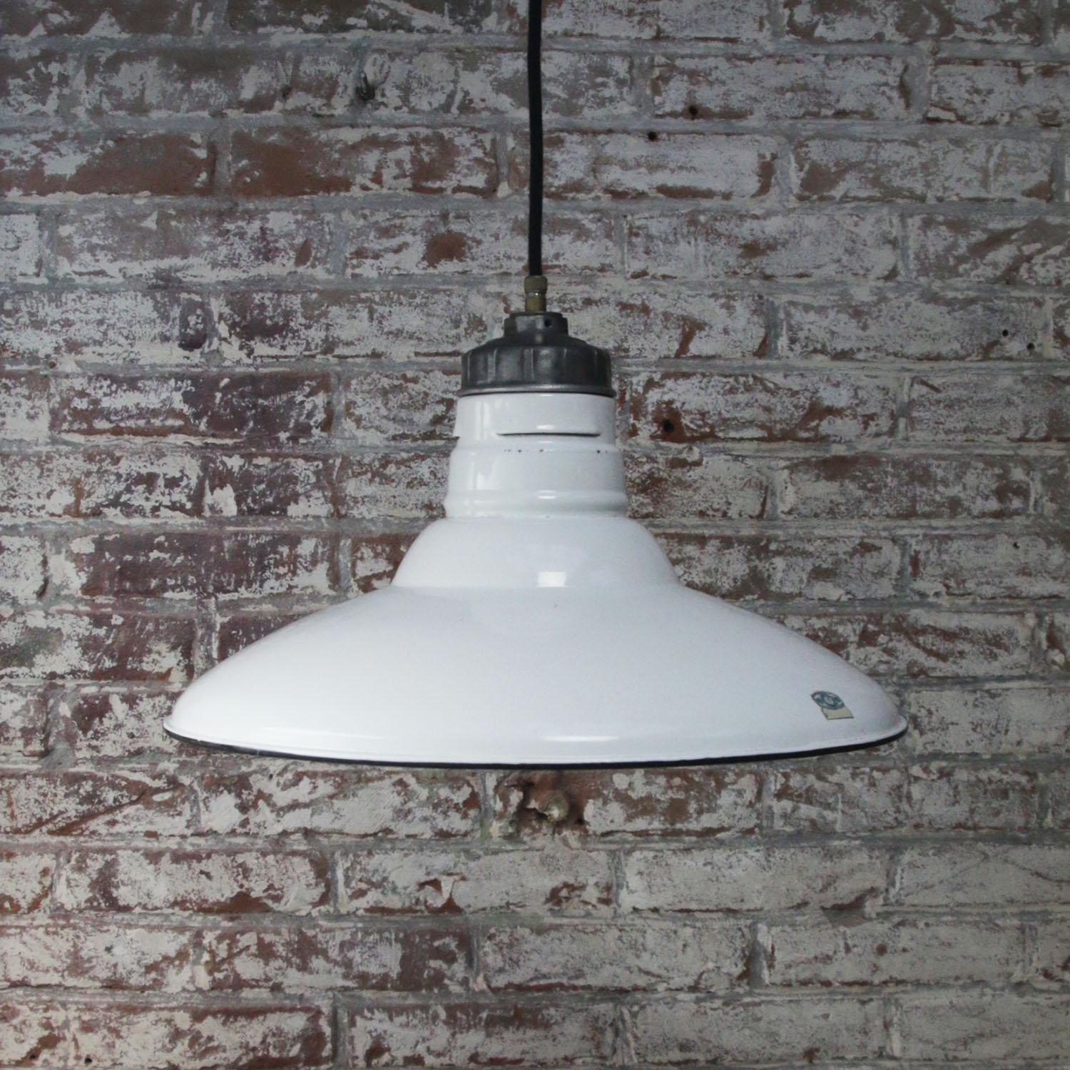 Metal White Enamel Vintage Industrial Factory Pendant Lights by Wheeler, Boston, USA