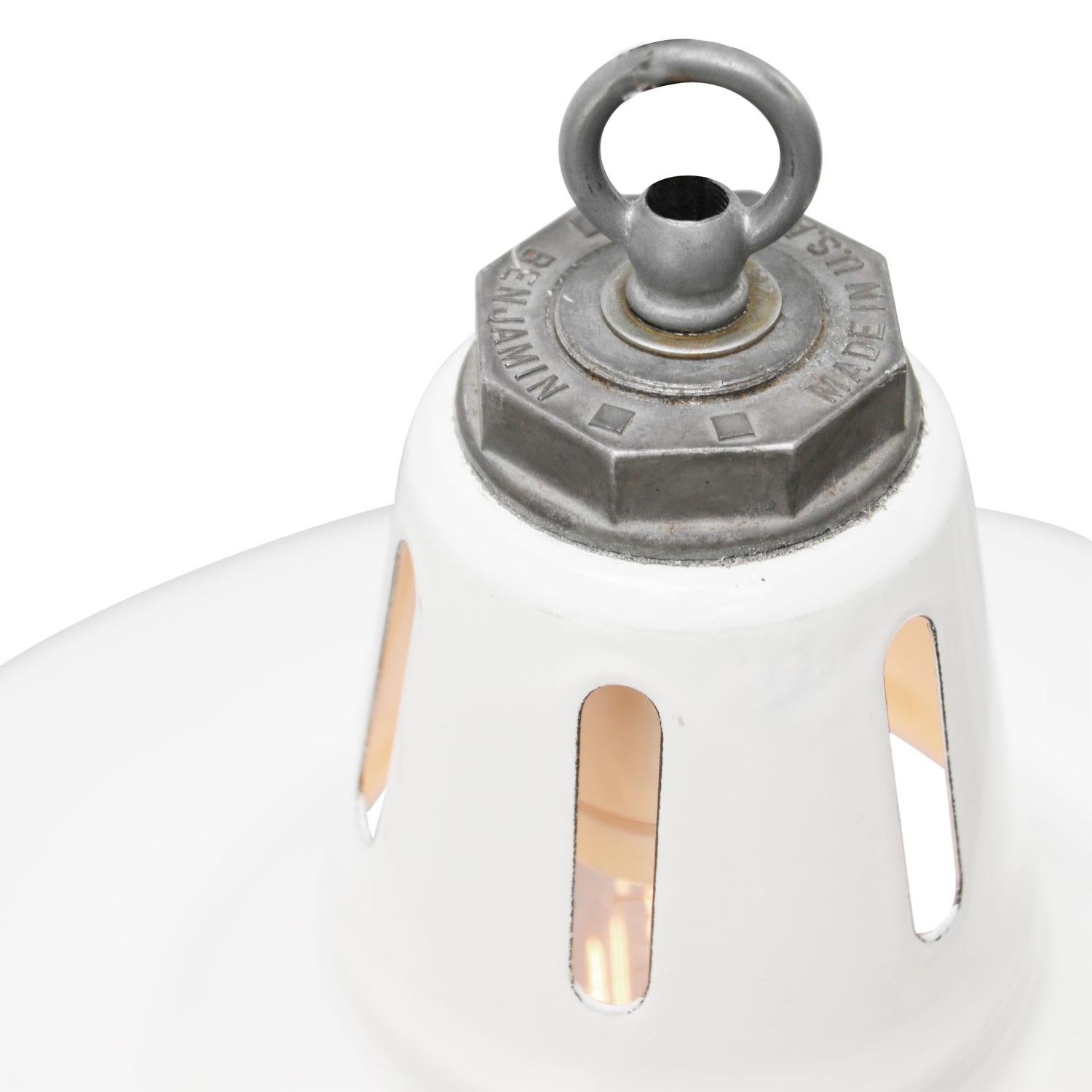 Factory American hanging lights. White enamel. White interior.

Weight 1.20 kg / 2.6 lb

Priced per individual item. All lamps have been made suitable by international standards for incandescent light bulbs, energy-efficient and LED bulbs.