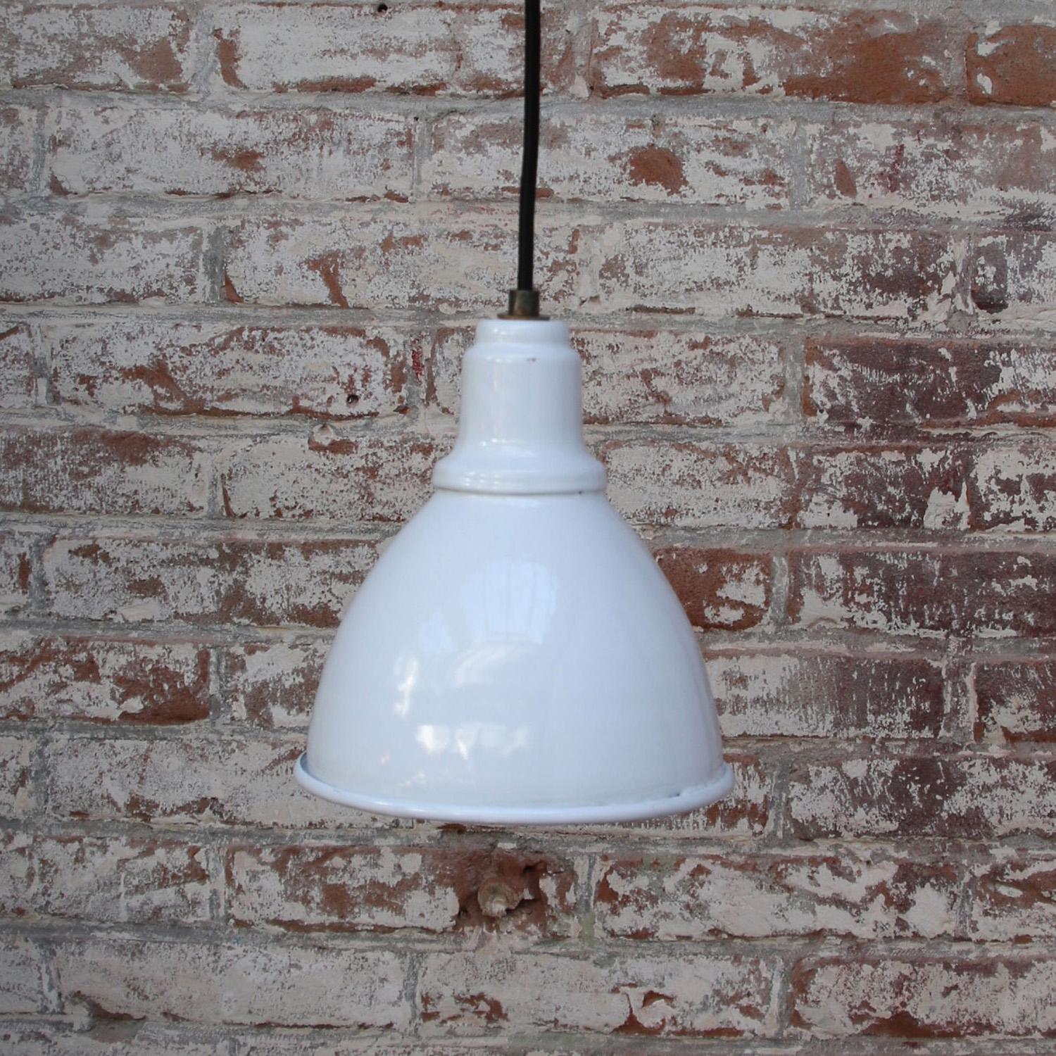 Brass White Enamel Vintage Industrial Factory Pendant Light For Sale