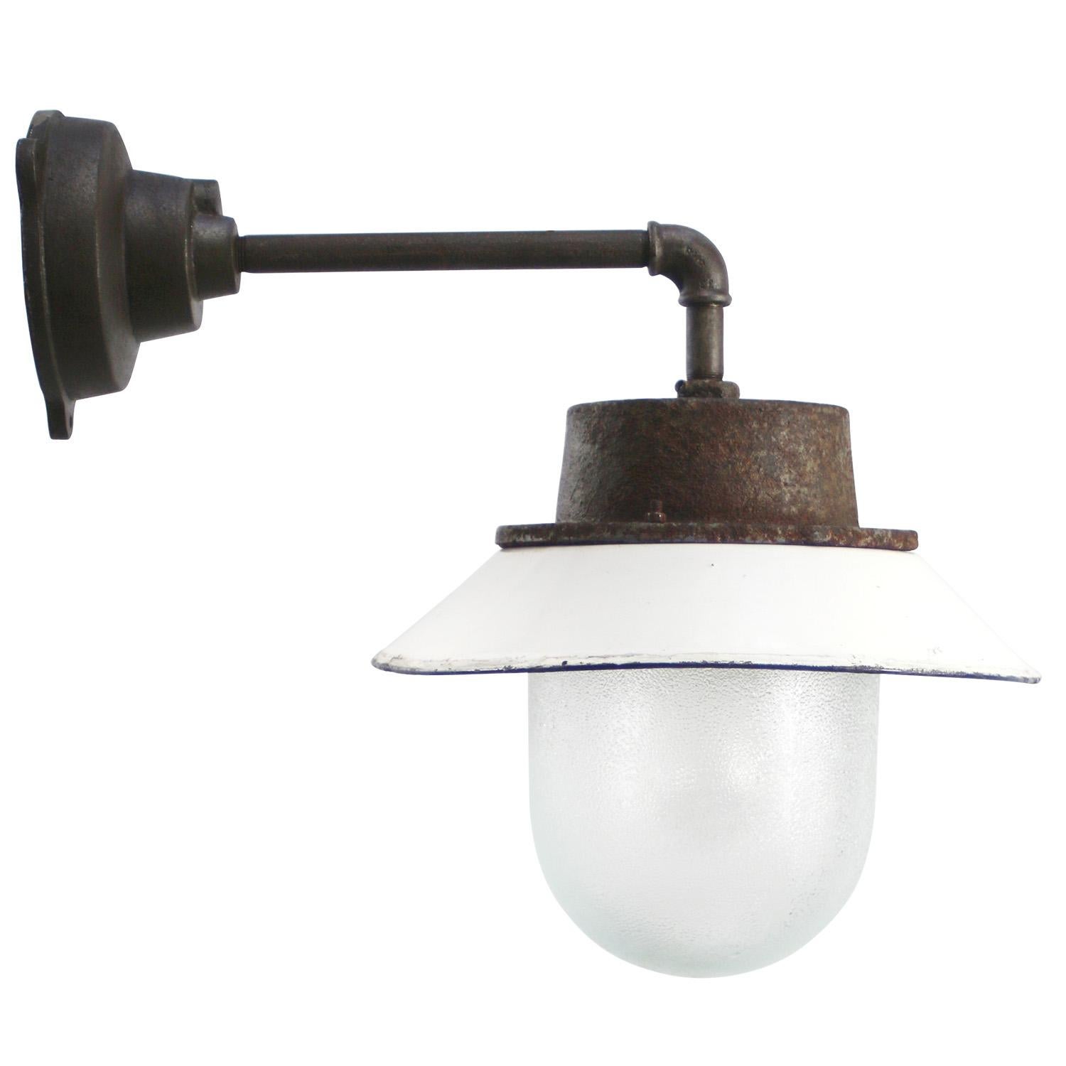 Polish White Enamel Vintage Industrial Frosted Glass Scones Wall Lights For Sale