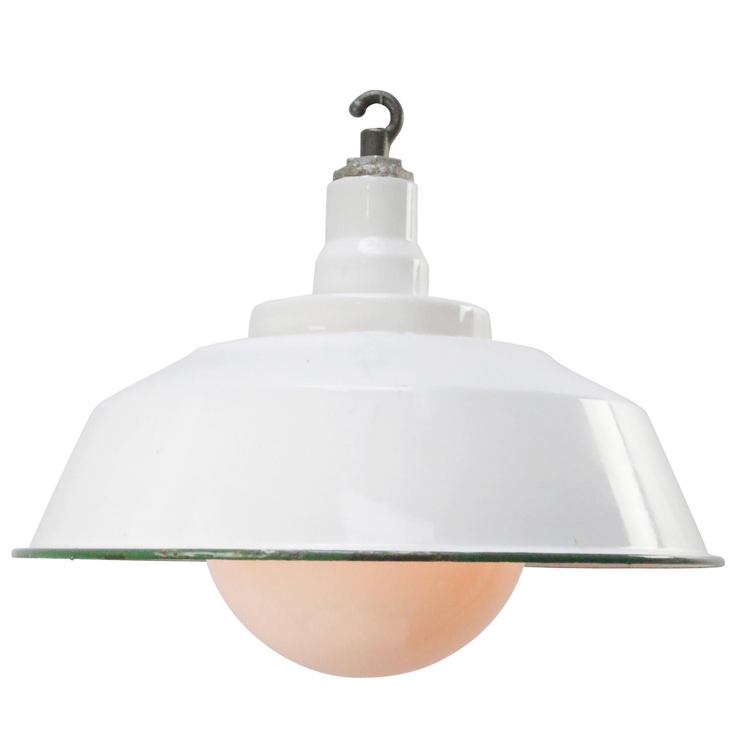 American industrial factory pendant light by Benjamin, USA
white enamel, white interior. Green edge
White opaline globe

Weight 3.90 kg / 8.6 lb

Priced per individual item. All lamps have been made suitable by international standards for