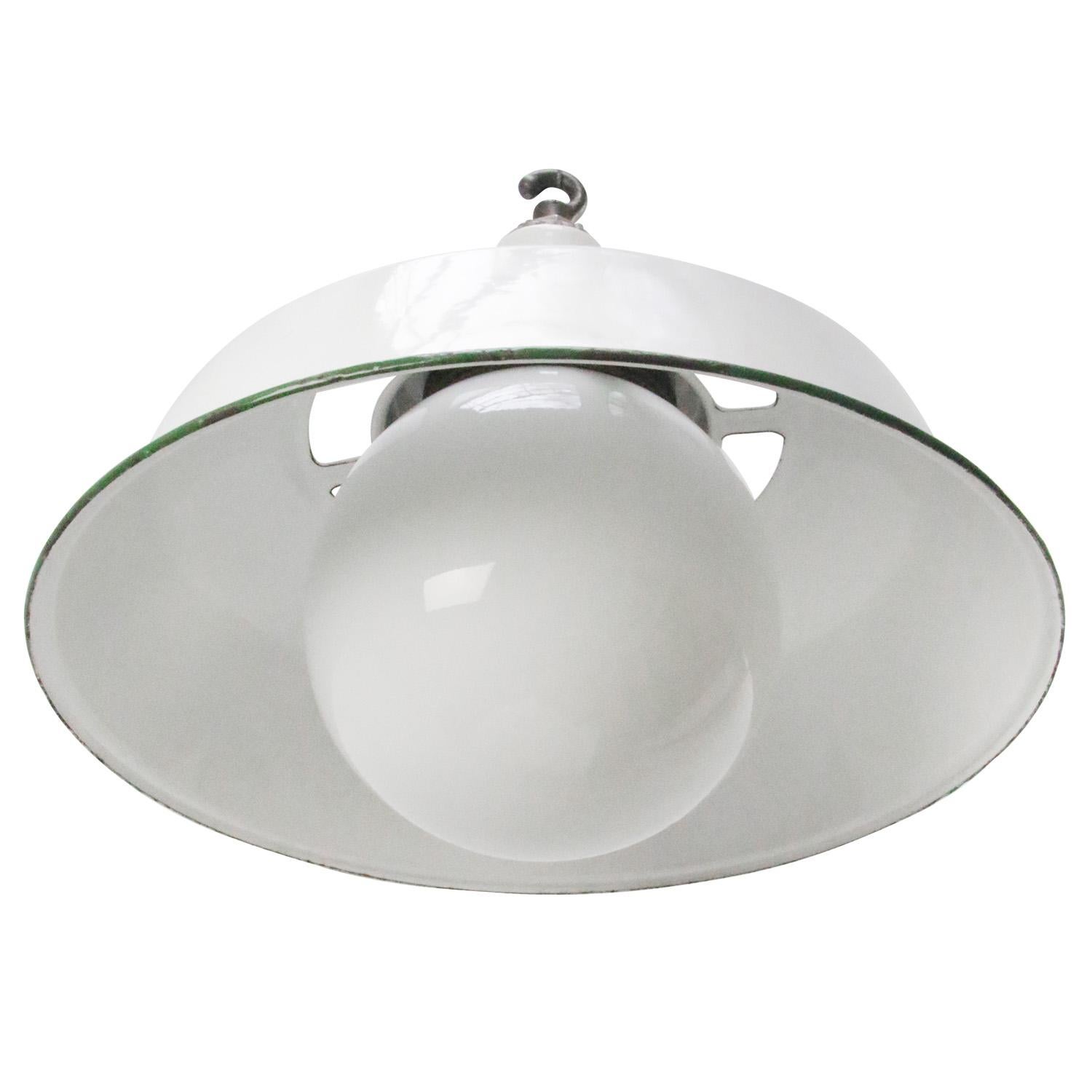White Enamel Vintage Industrial Opaline Glass Pendant Light by Benjamin USA In Good Condition For Sale In Amsterdam, NL