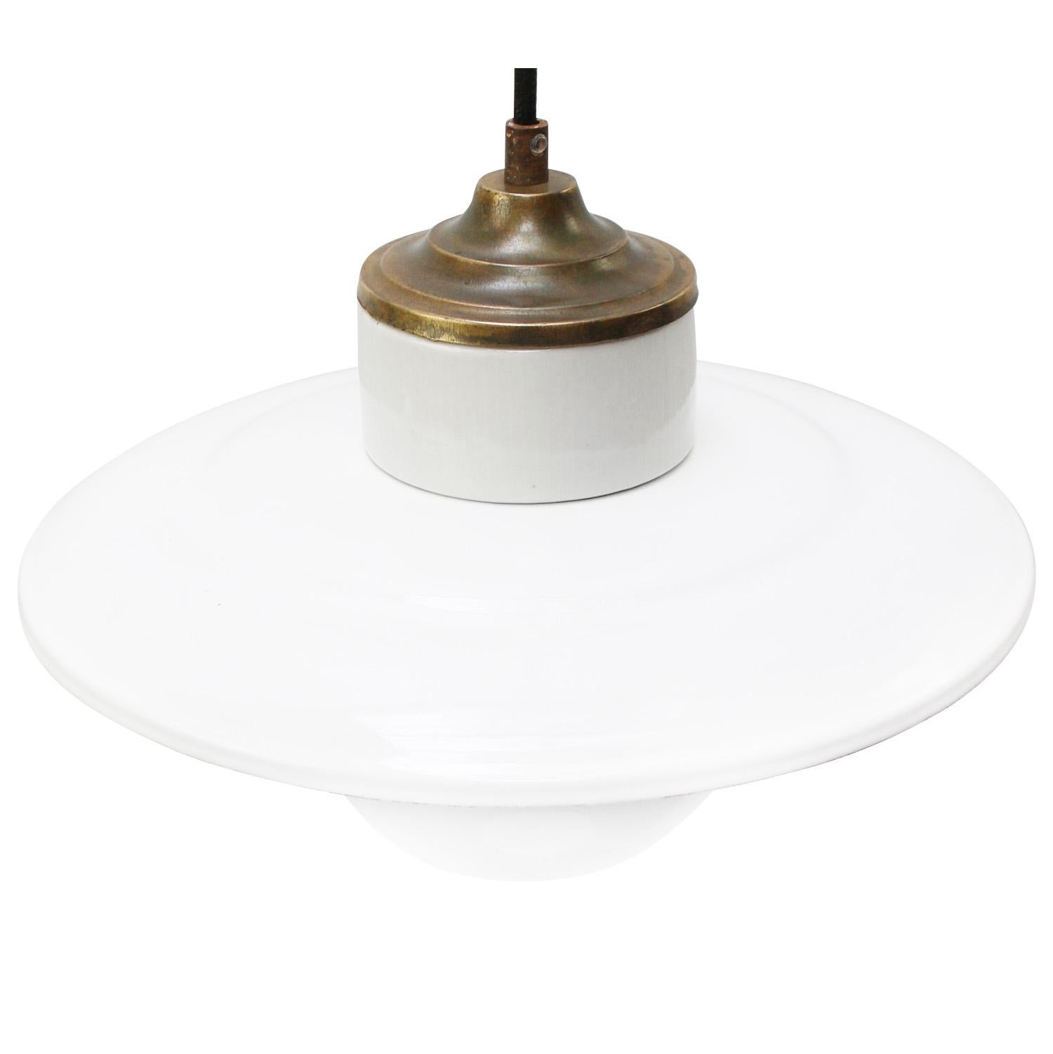 Industrial White Enamel Vintage White Opaline Glass Porcelain Brass Pendant Lights For Sale
