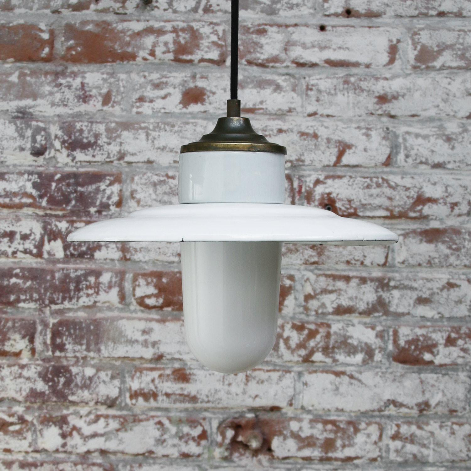 White Enamel Vintage White Opaline Glass Porcelain Brass Pendant Light In Good Condition In Amsterdam, NL