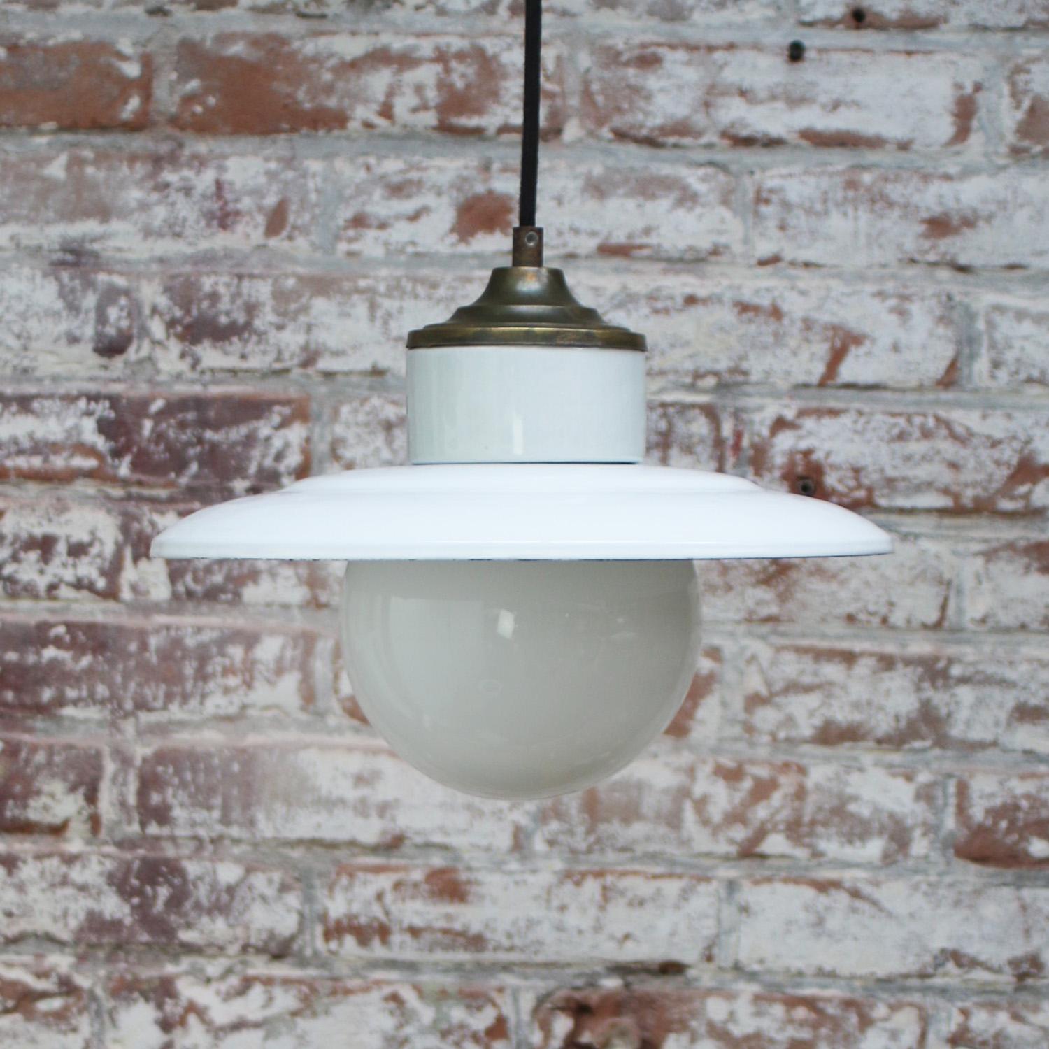 20th Century White Enamel Vintage White Opaline Glass Porcelain Brass Pendant Lights For Sale