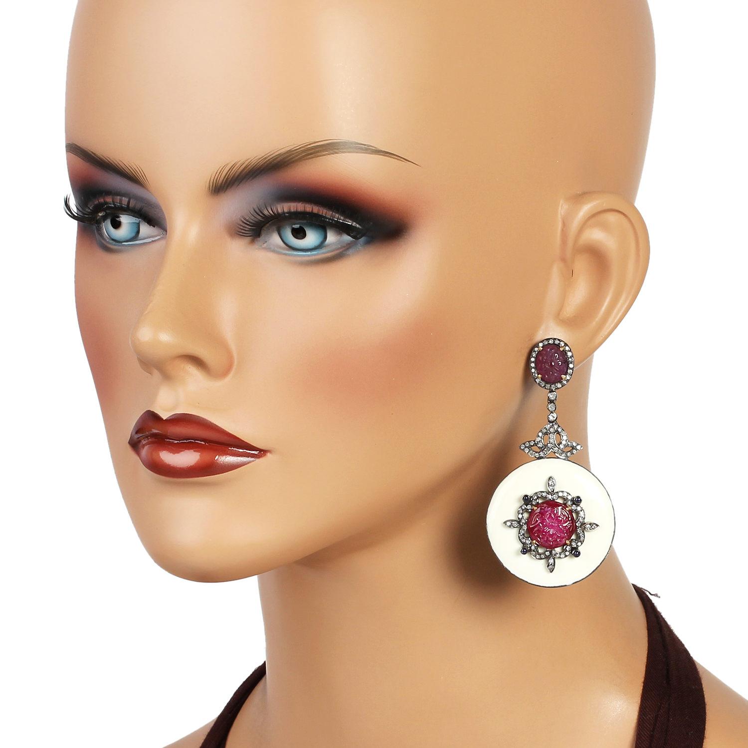 Art Deco White Enameled Disc Dangle Earrings With Carved Ruby & Blue Sapphire For Sale
