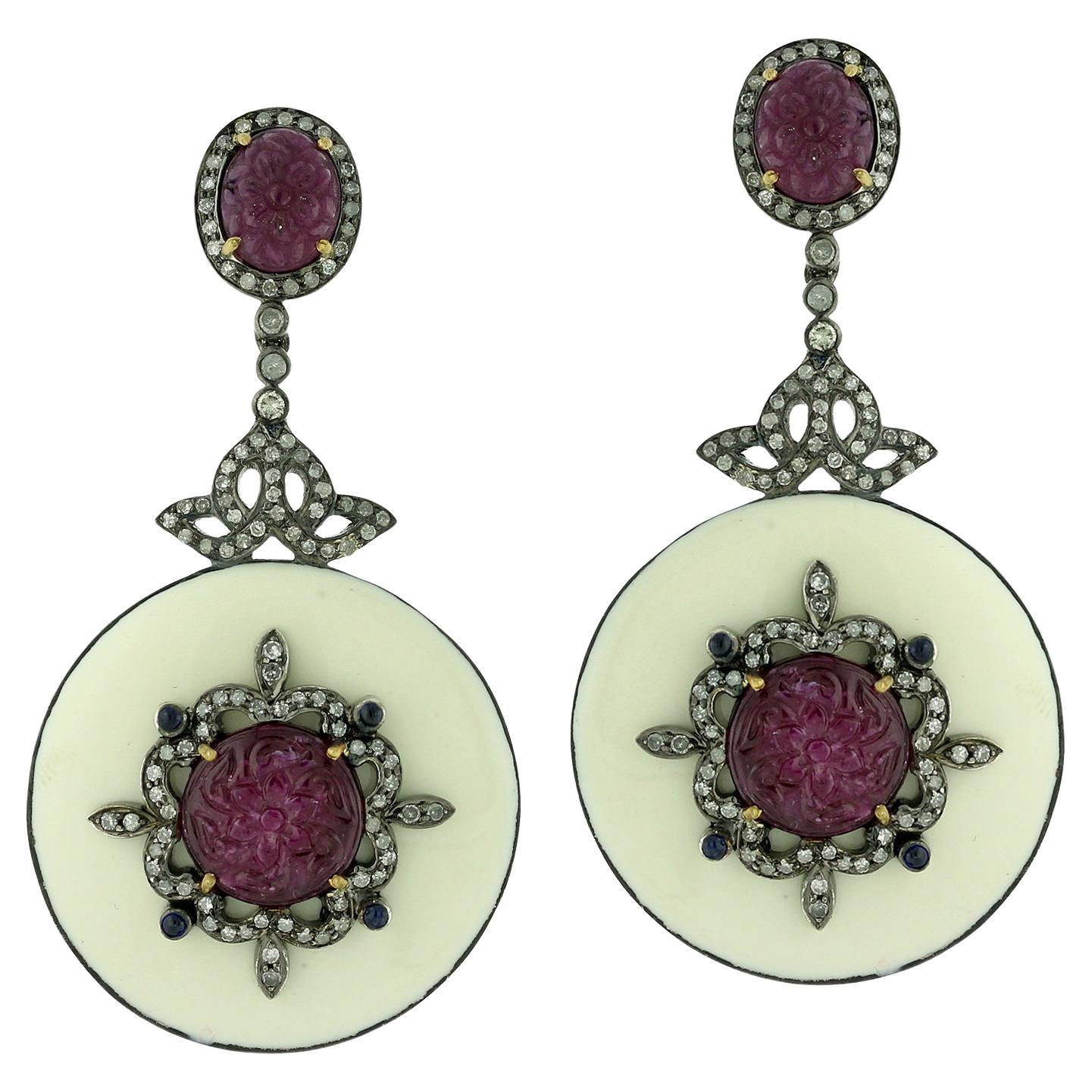 White Enameled Disc Dangle Earrings With Carved Ruby & Blue Sapphire