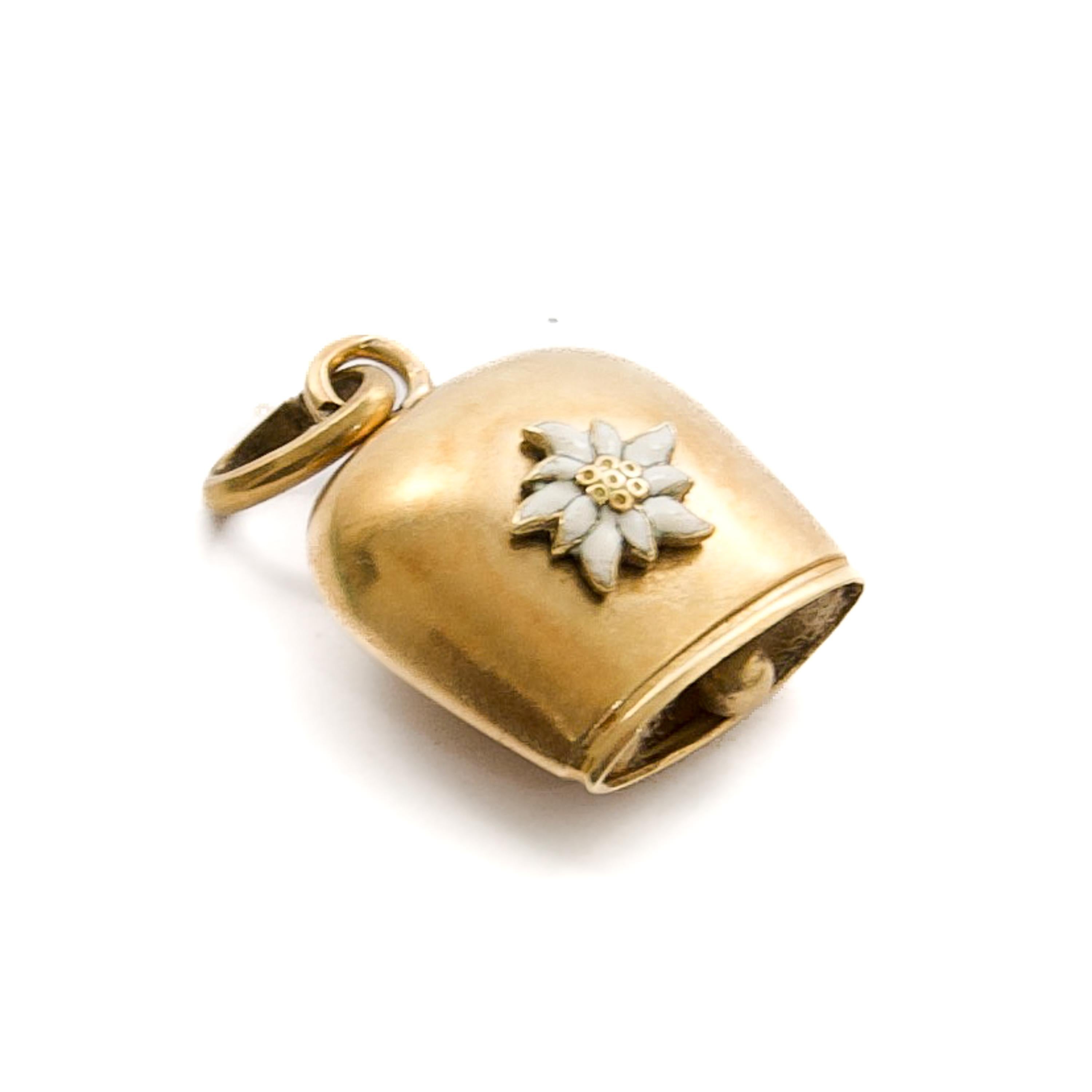 Women's or Men's White Enameled Edelweiss Gold Cow Bell Charm Pendant