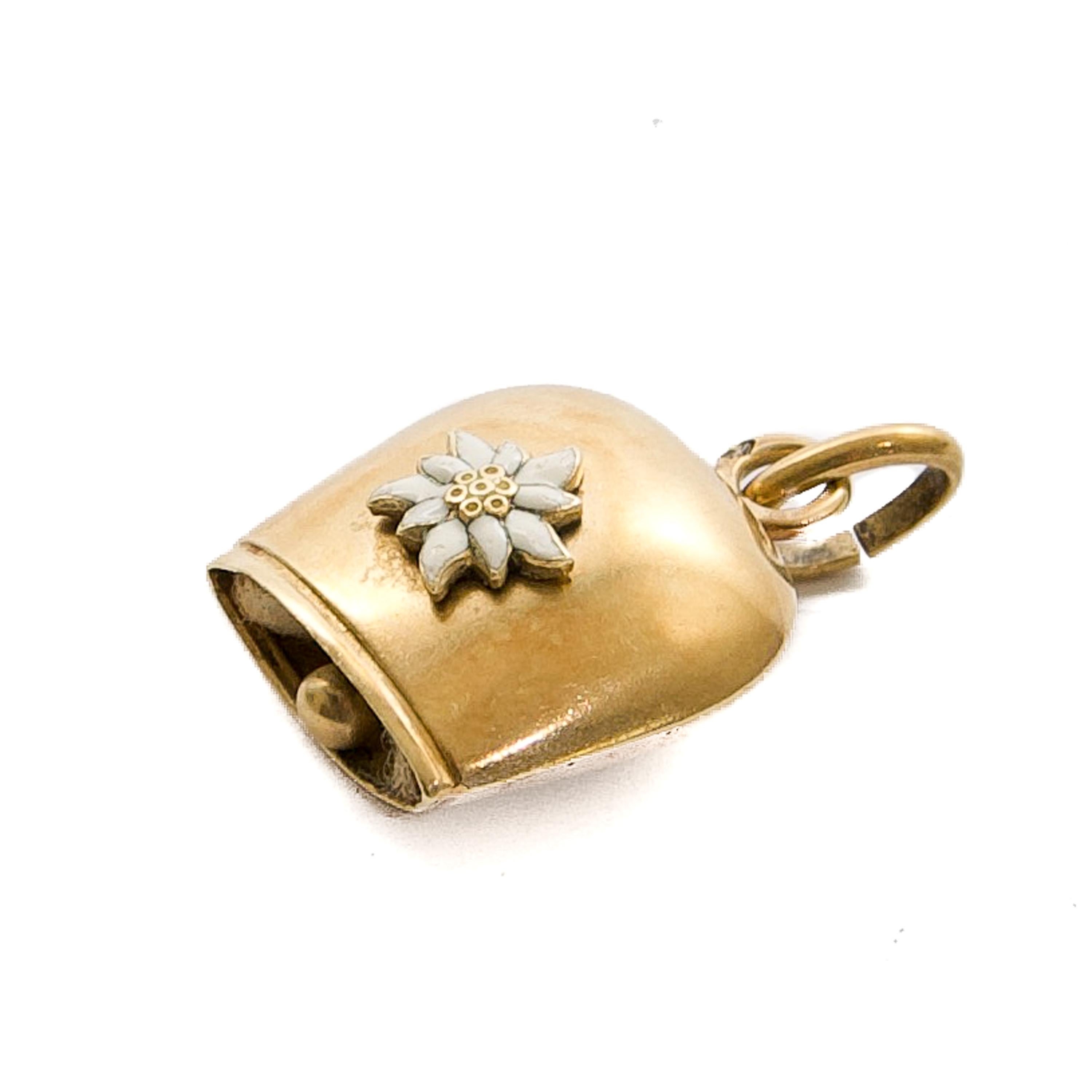White Enameled Edelweiss Gold Cow Bell Charm Pendant 2