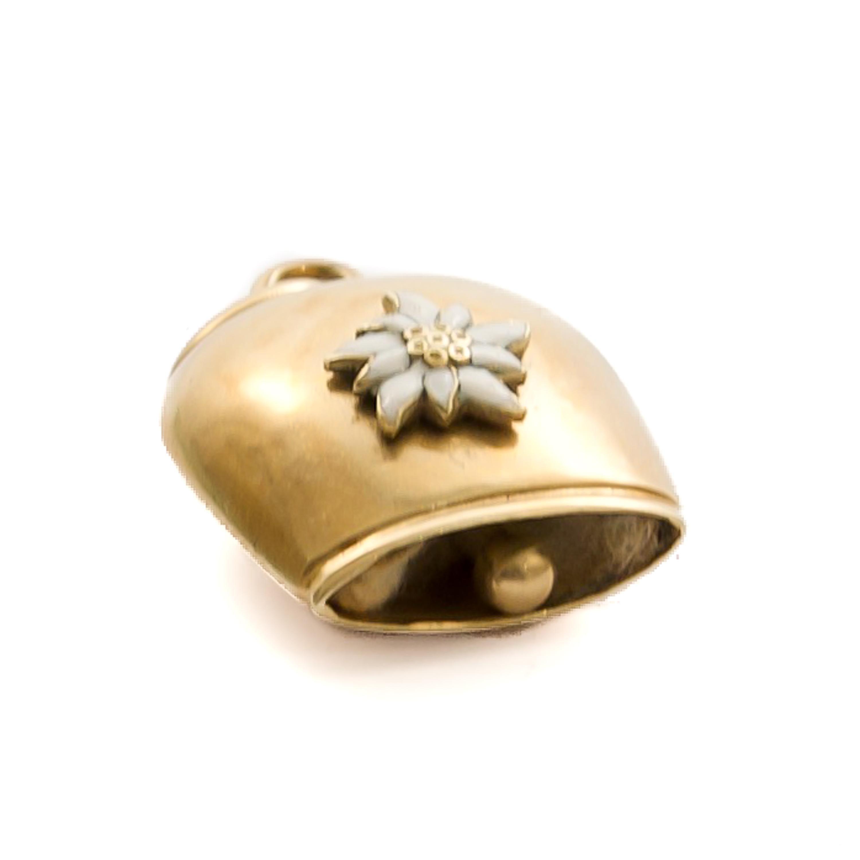White Enameled Edelweiss Gold Cow Bell Charm Pendant 3
