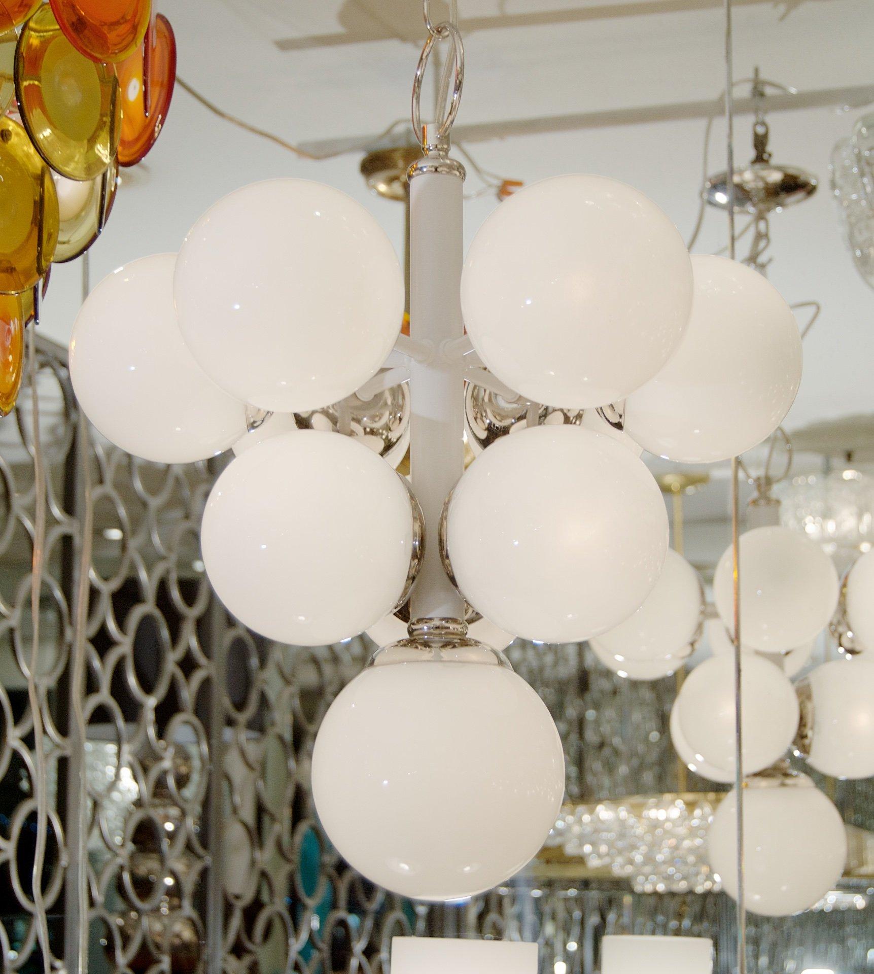 White Enameled Pyramid Chandelier with Gloss Opal Globes In Good Condition For Sale In Stamford, CT