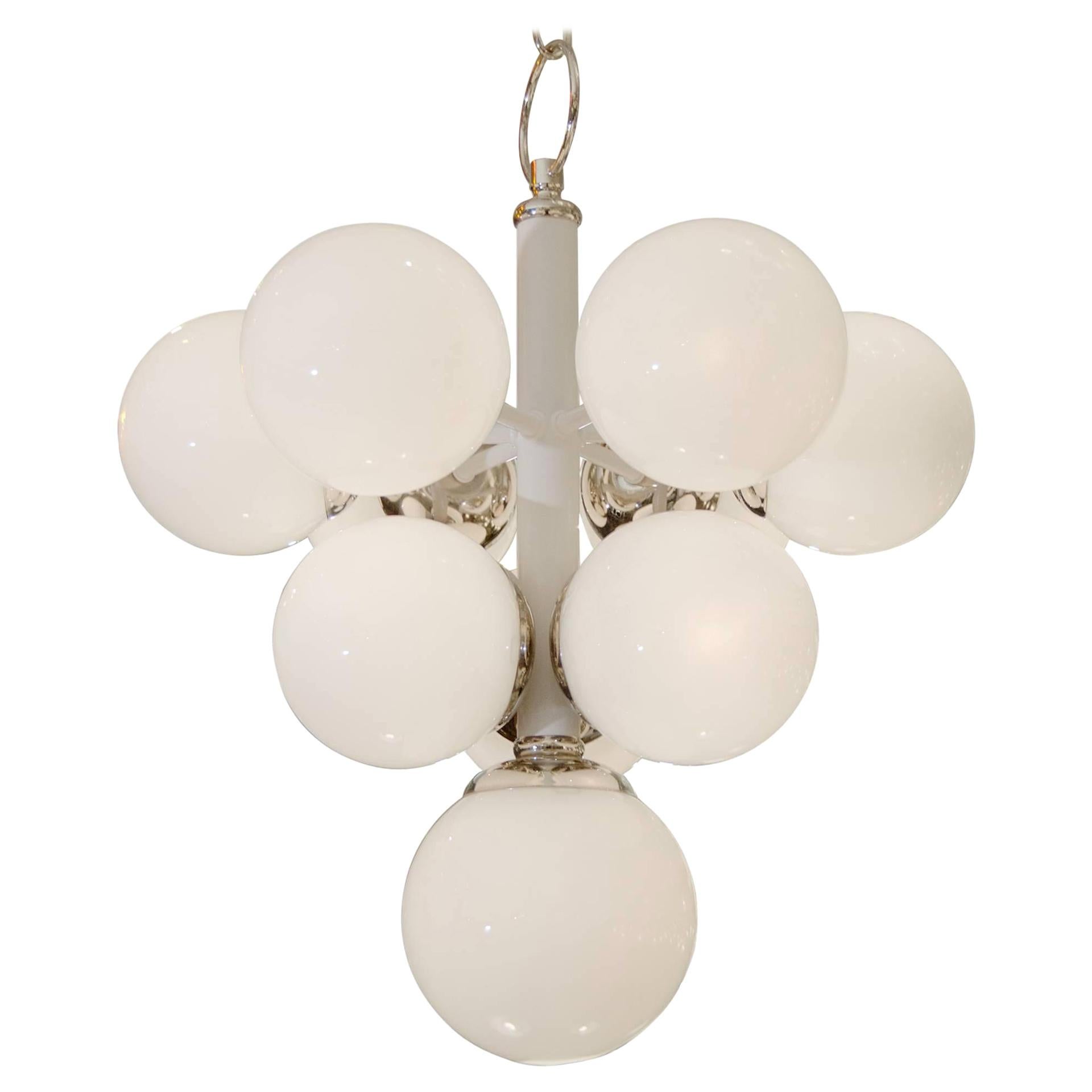 White Enameled Pyramid Chandelier with Gloss Opal Globes For Sale