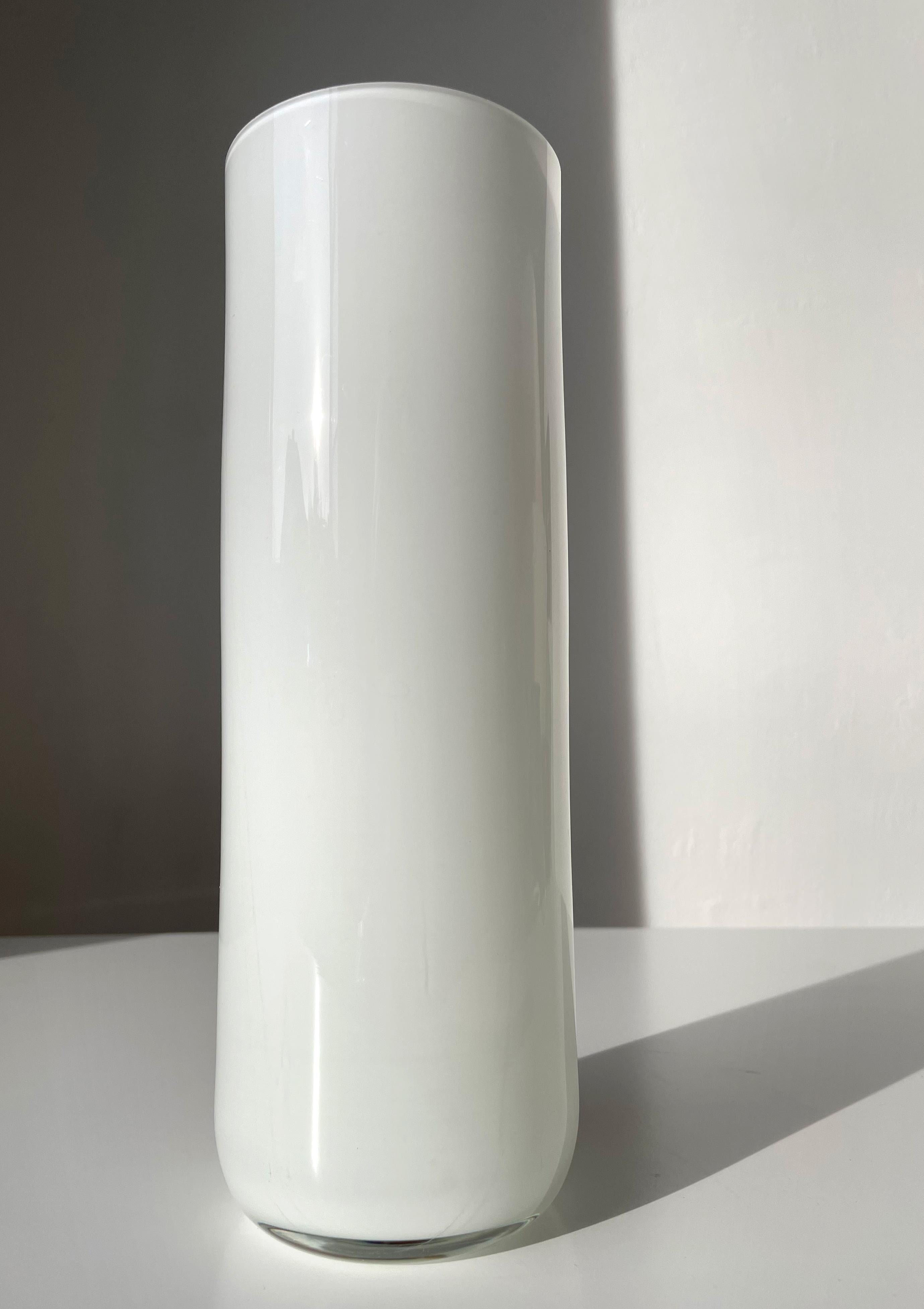 Danish White Encased Art Glass Cylinder Vase Earth Colored Decor, Holmegaard, 1970s For Sale