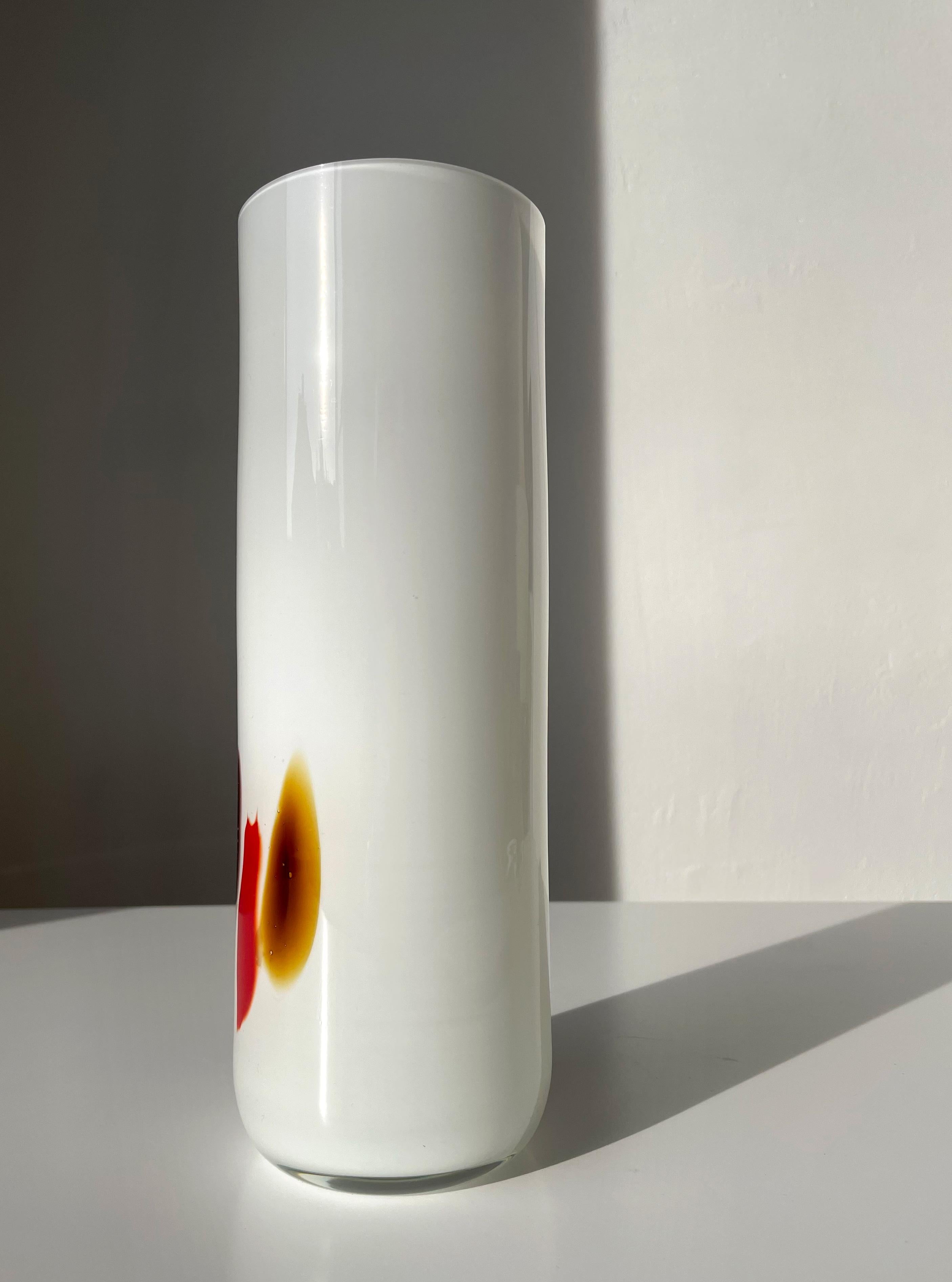 Hand-Crafted White Encased Art Glass Cylinder Vase Earth Colored Decor, Holmegaard, 1970s For Sale