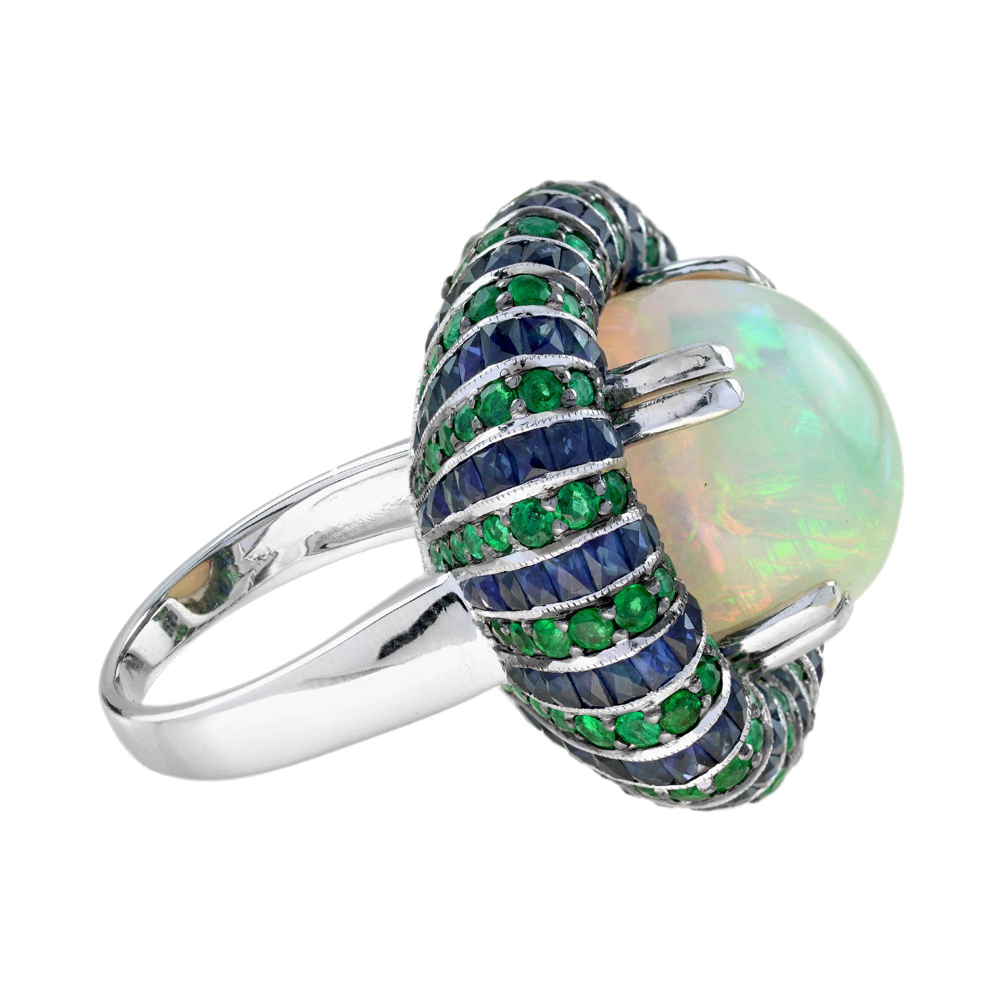 White Ethiopian Opal Emerald Sapphire Antique Style Cocktail 18K White Gold Ring Art Decó en venta