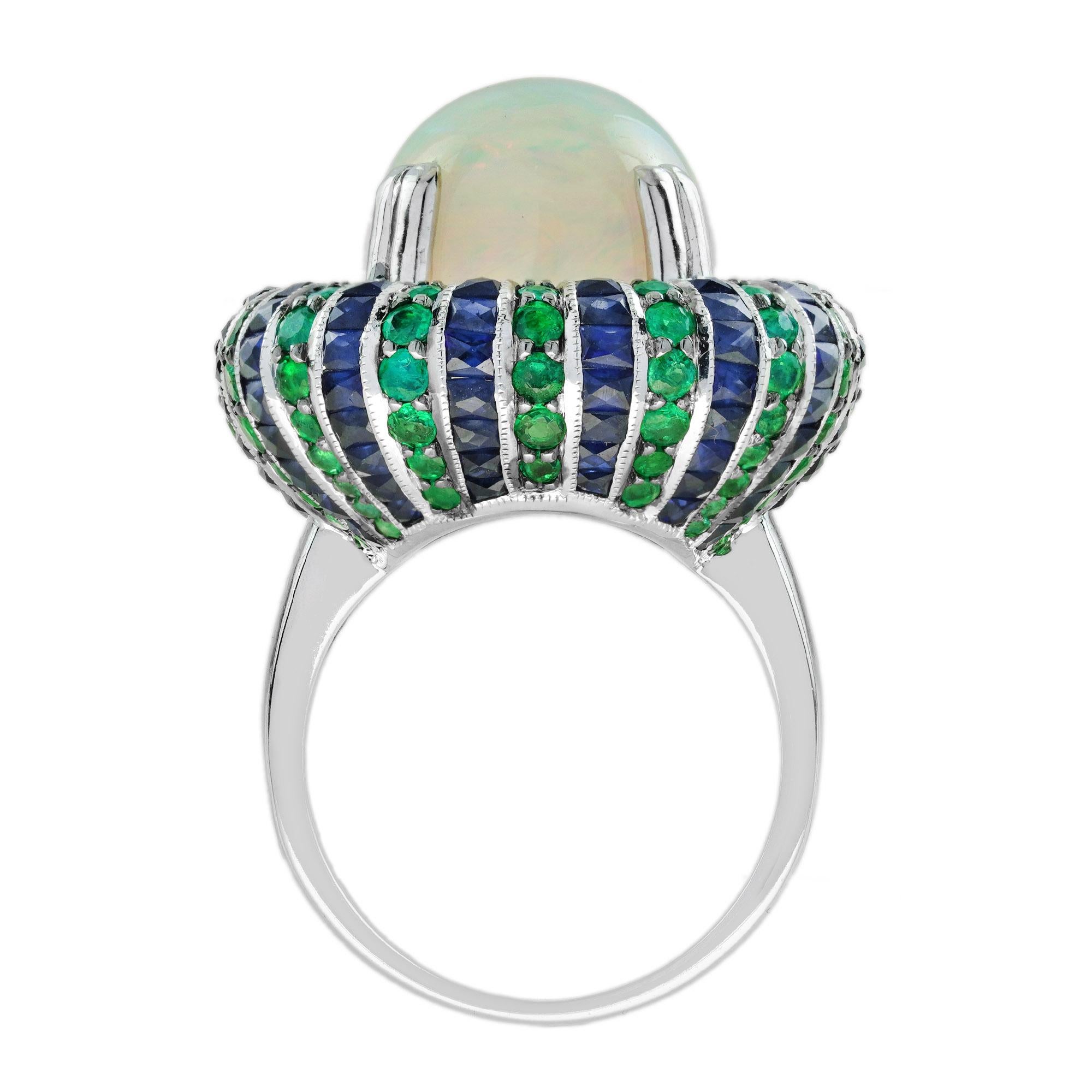 White Ethiopian Opal Emerald Sapphire Antique Style Cocktail 18K White Gold Ring en Nuevo estado para la venta en Oakton, VA