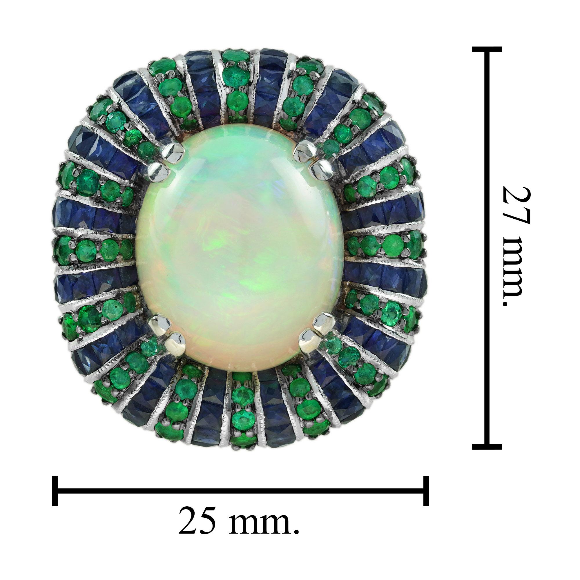 White Ethiopian Opal Emerald Sapphire Antique Style Cocktail 18K White Gold Ring en venta 1