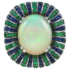 White Ethiopian Opal Emerald Sapphire Antique Style Cocktail 18K White Gold Ring