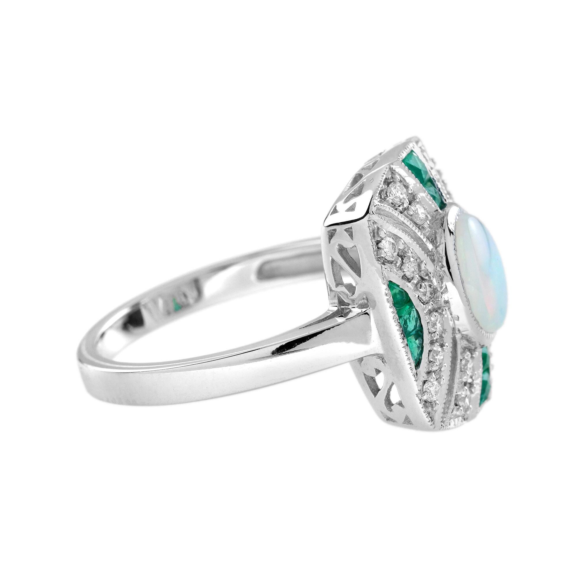 Weißer äthiopischer Opal & grüner Smaragd Diamant Art Deco Stil 14K Weißgold Ring (Art déco) im Angebot
