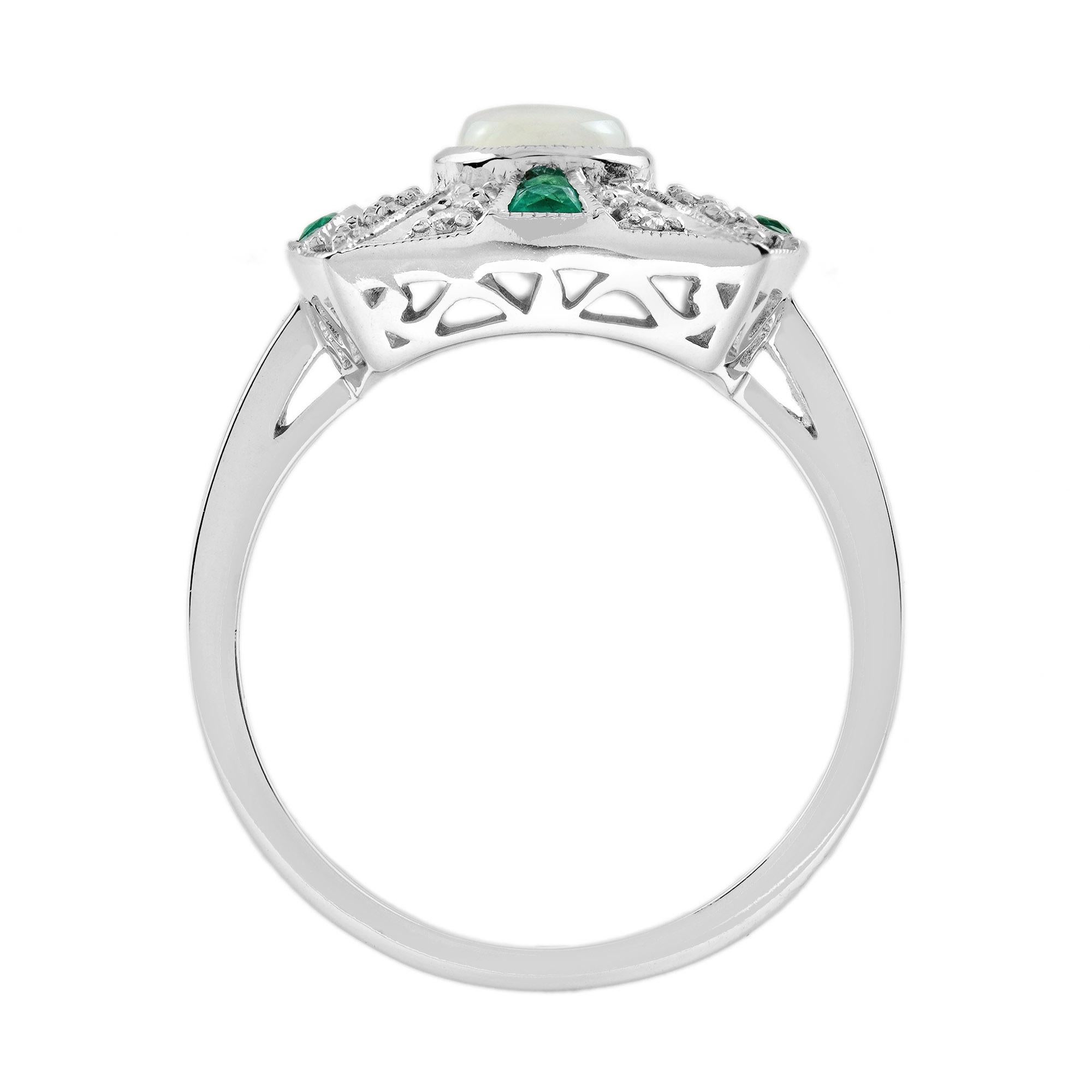 Weißer äthiopischer Opal & grüner Smaragd Diamant Art Deco Stil 14K Weißgold Ring (Ovalschliff) im Angebot