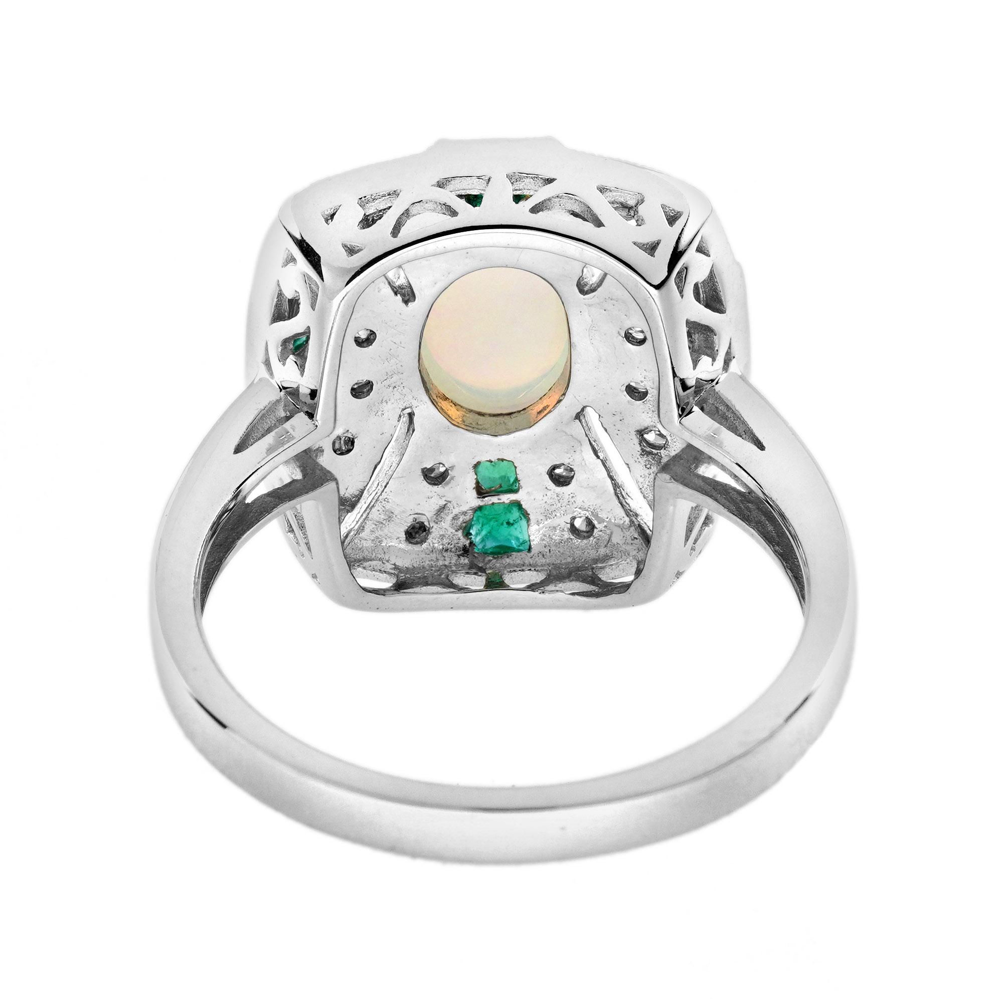 Weißer äthiopischer Opal & grüner Smaragd Diamant Art Deco Stil 14K Weißgold Ring im Zustand „Neu“ im Angebot in Oakton, VA