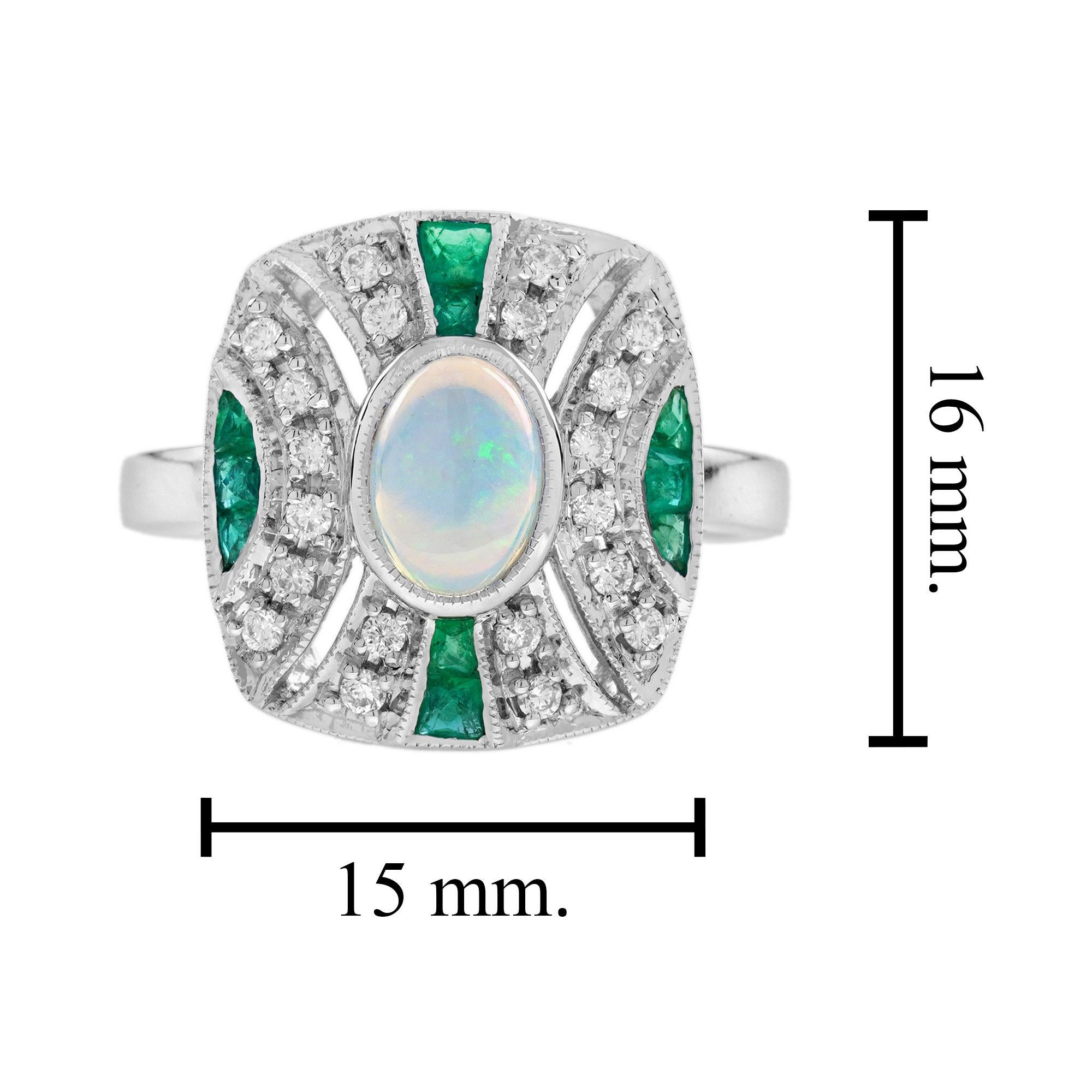 Weißer äthiopischer Opal & grüner Smaragd Diamant Art Deco Stil 14K Weißgold Ring im Angebot 3