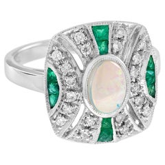 White Ethiopian Opal & Green Emerald Diamond Art Deco Style 14K White Gold Ring