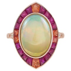 White Ethiopian Opal Orange Sapphire & Ruby Style Cocktail 18K Rose Gold Ring