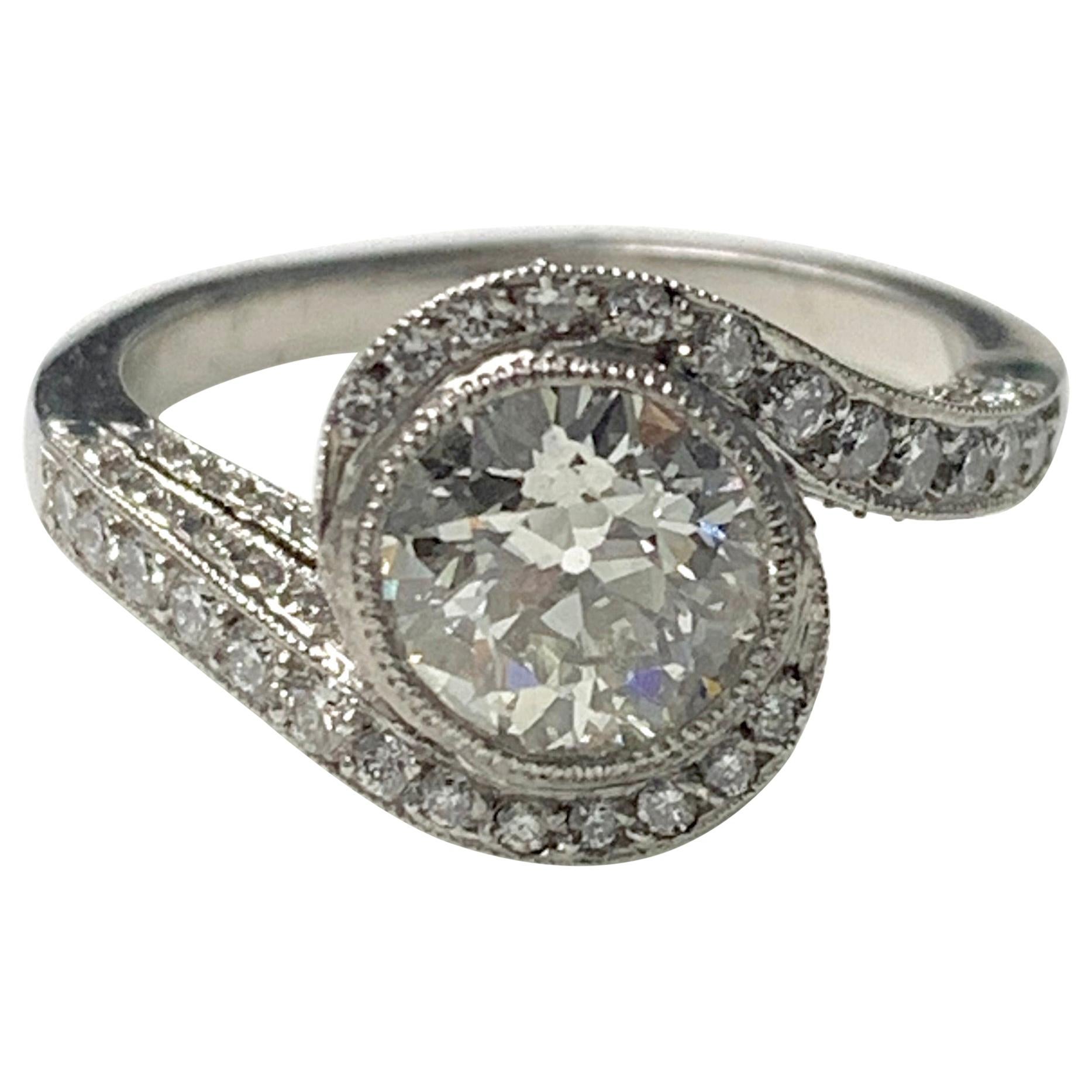 White European Cut Diamond Engagement Ring in Platinum For Sale